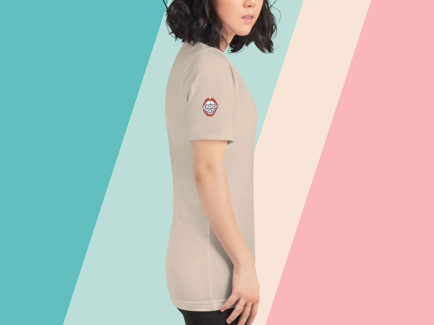 california republic shirt, right side, female model, pastel stripe background