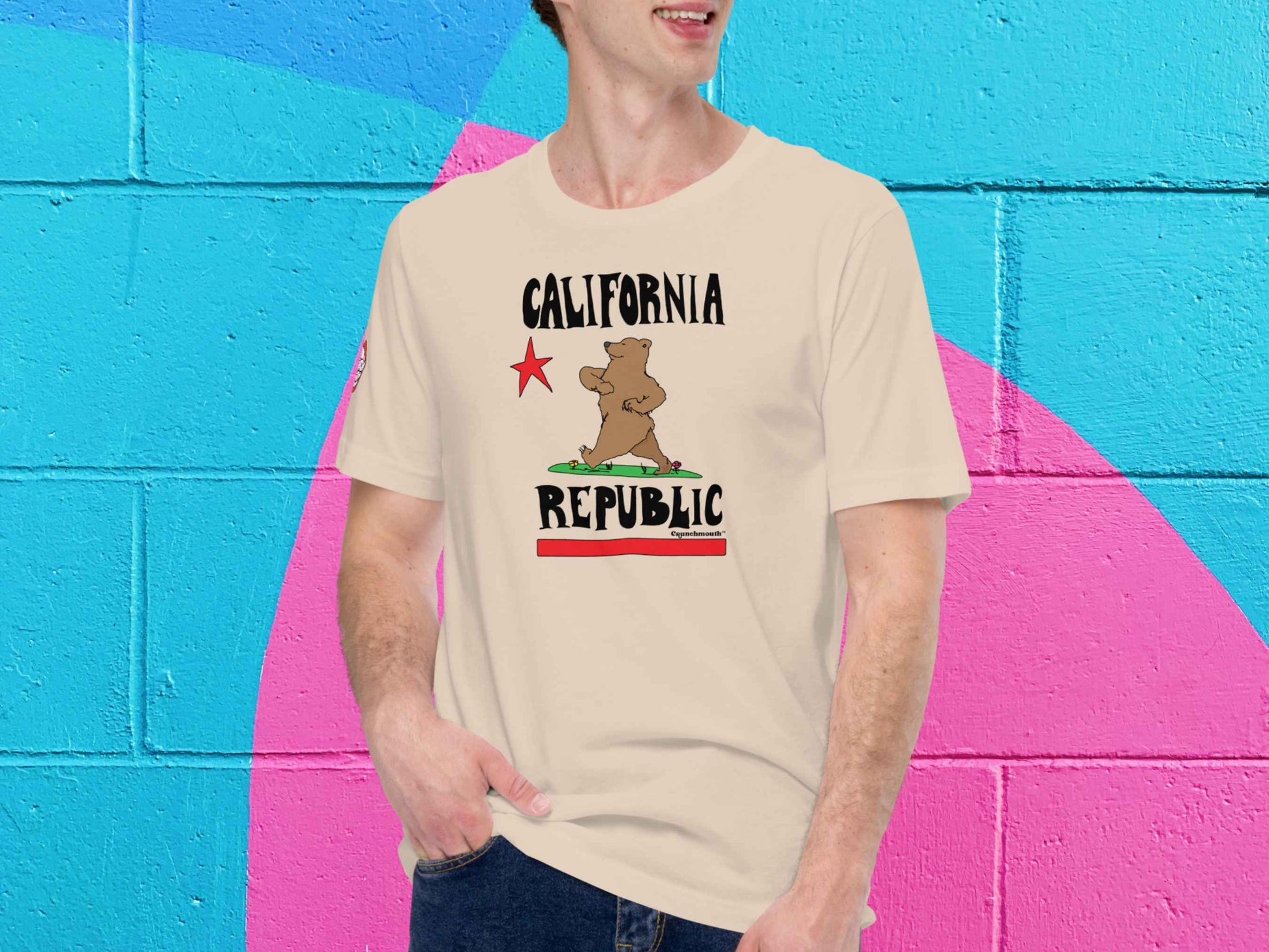 california republic shirt, front, male model, vibrant color cinder block wall background