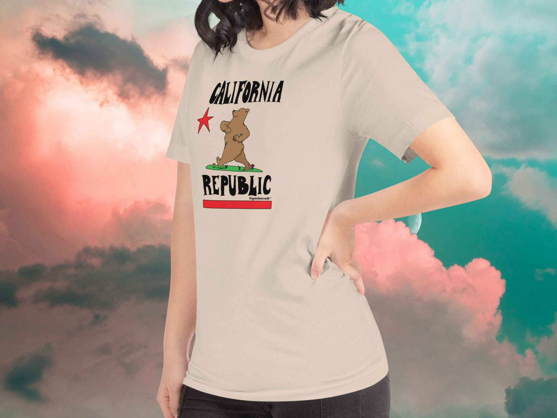 california republic shirt, front left angle, female model, cloud sky background