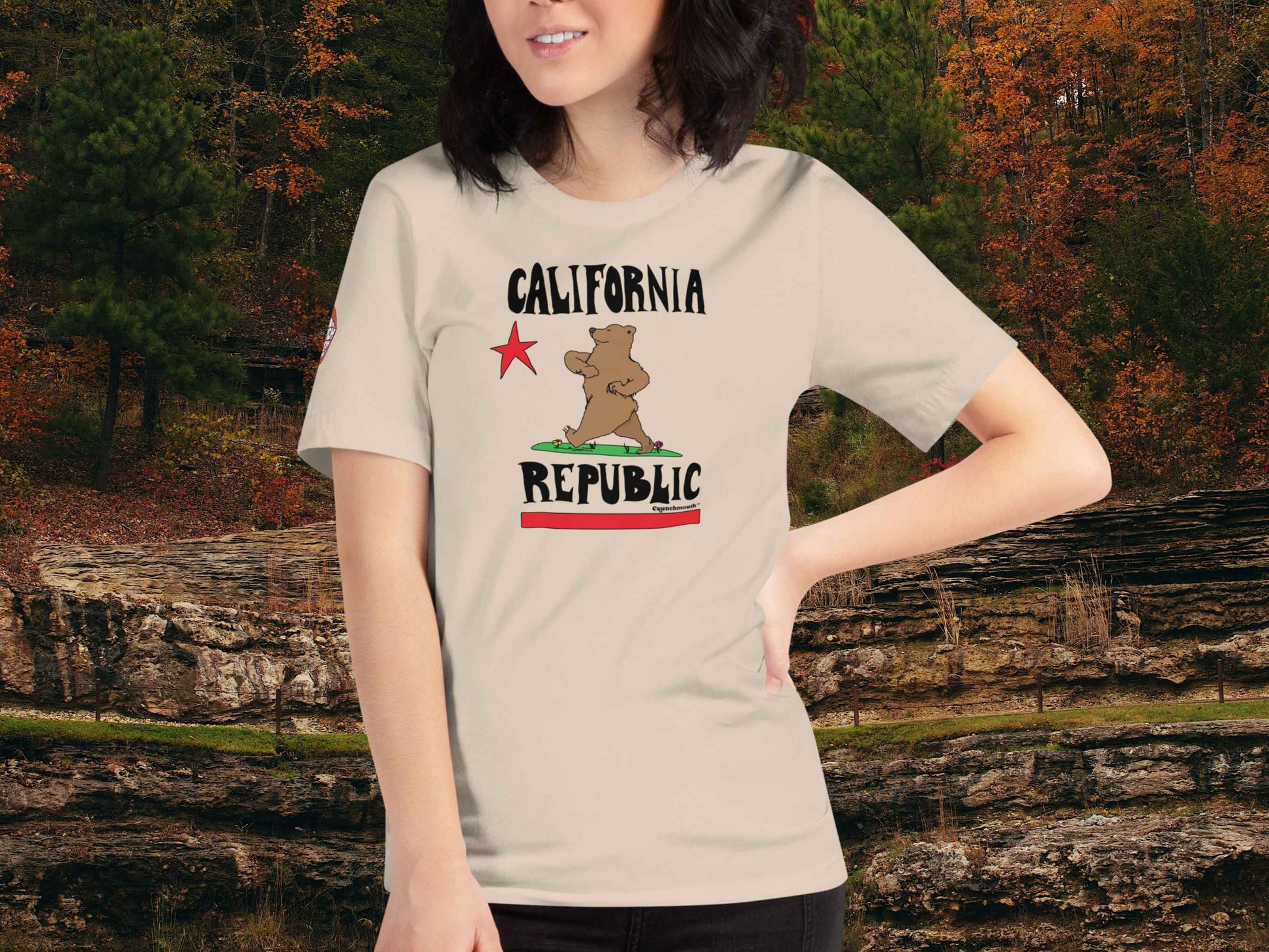 california republic shirt, female model, front, mountain stream background