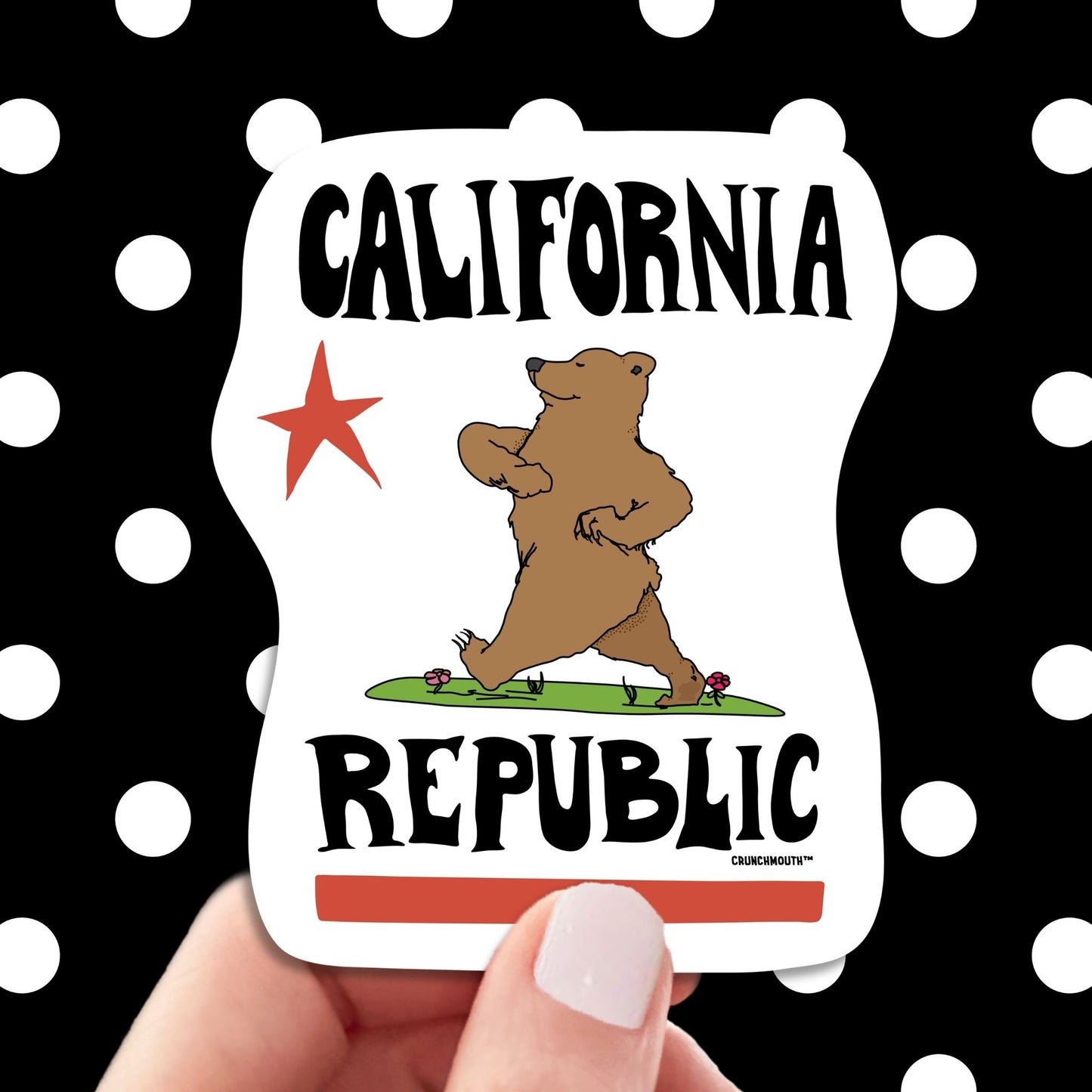 California republic travel luggage sticker, hand display, polka dots pattern design background