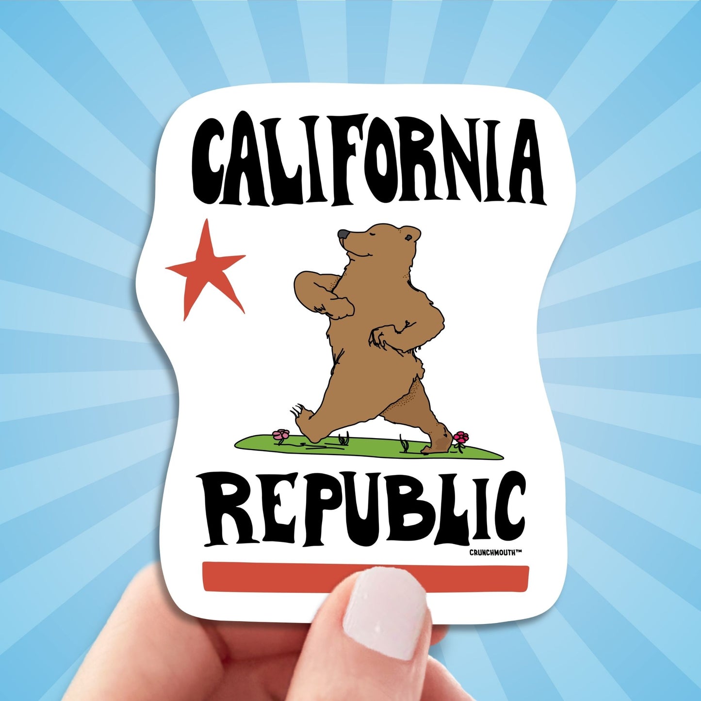 California republic travel luggage sticker, hand display, sun rays design background
