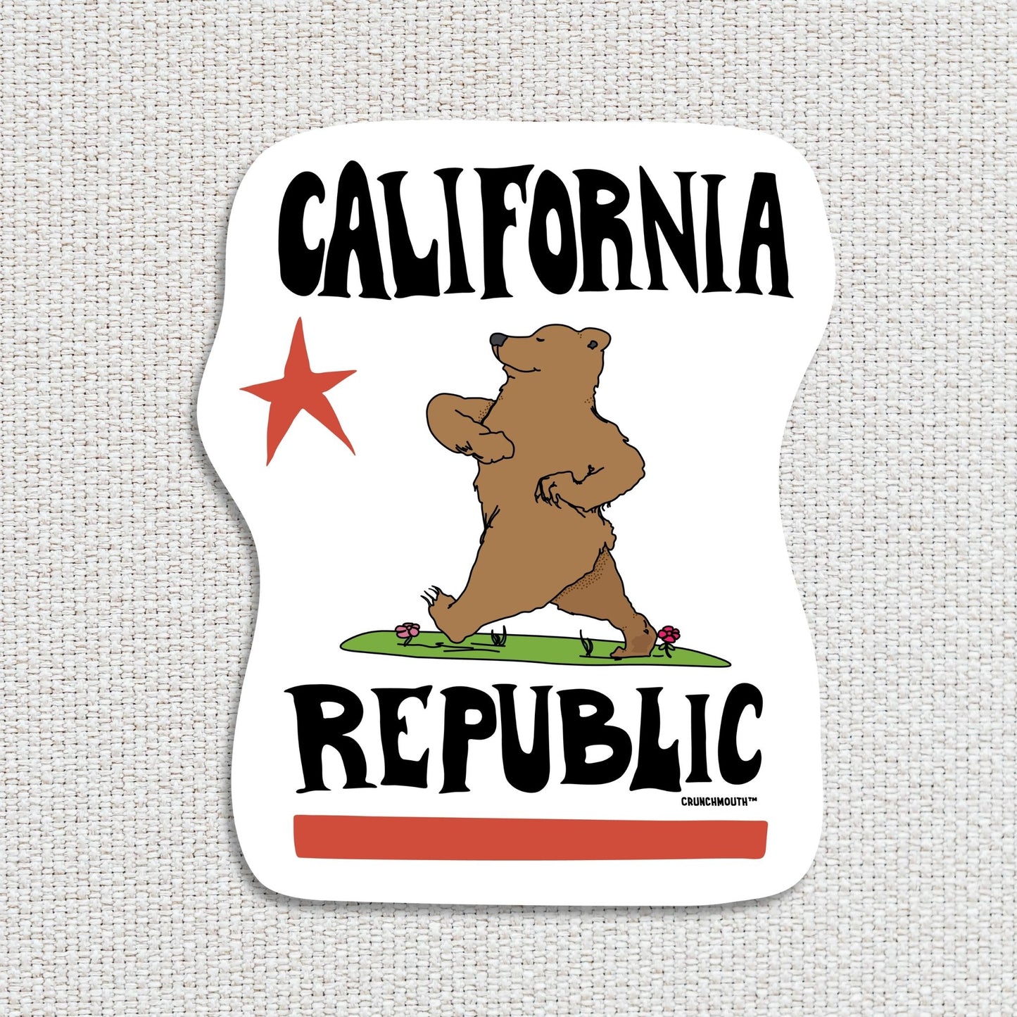 California republic travel luggage sticker, textured fabric background
