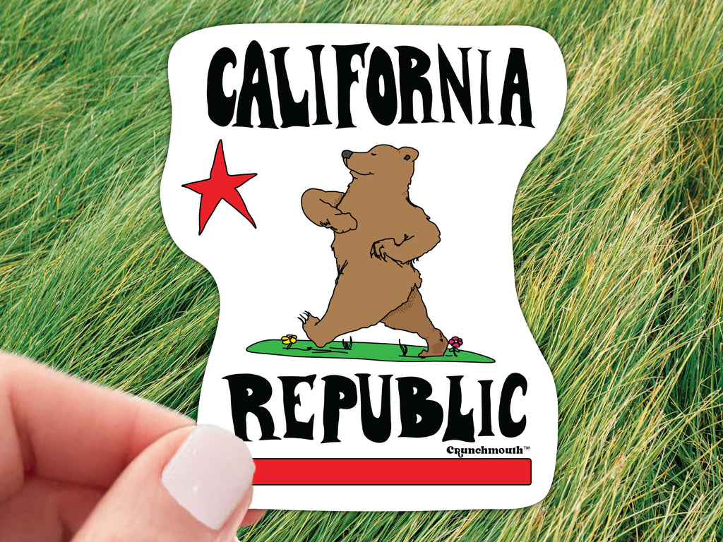 california republic sticker, held in hand, grass background