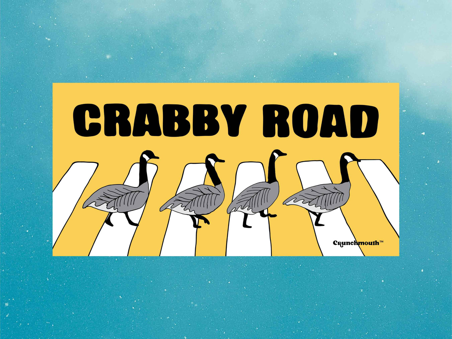 canada geese crabby road bumper sticker, blue sky background