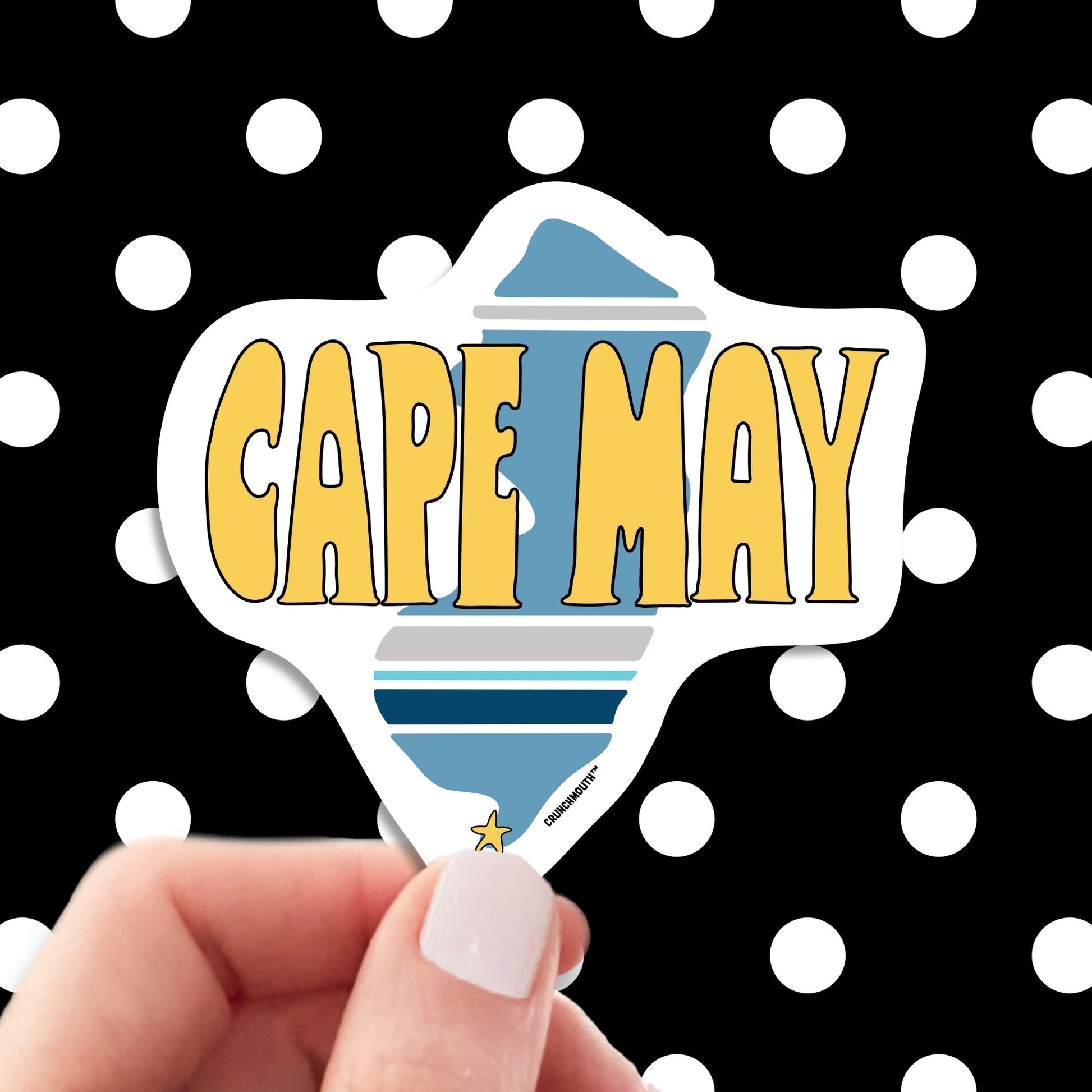 cape may new jersey travel luggage sticker, hand display, polka dots pattern design background
