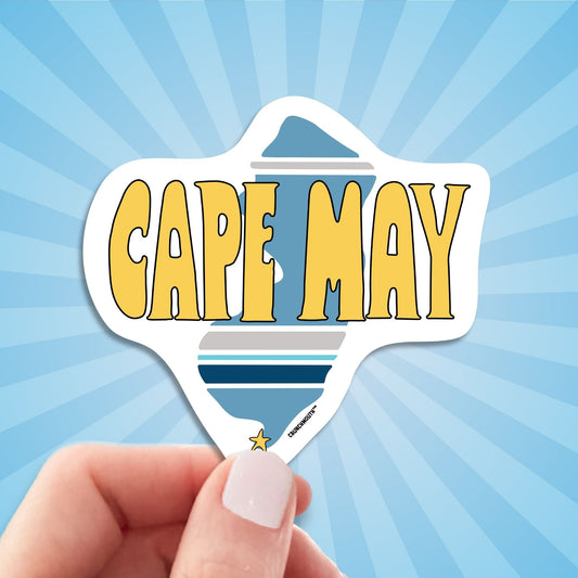cape may new jersey travel luggage sticker, hand display, sun rays design background
