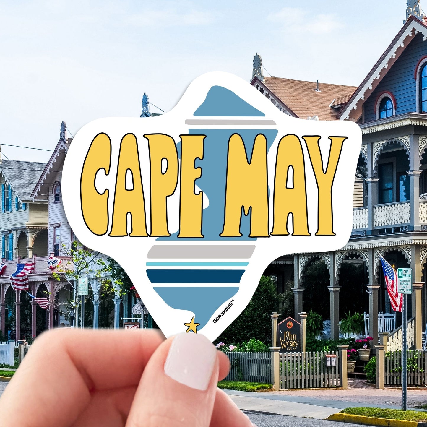 cape may new jersey travel luggage sticker, hand display, vintage architectural homes background
