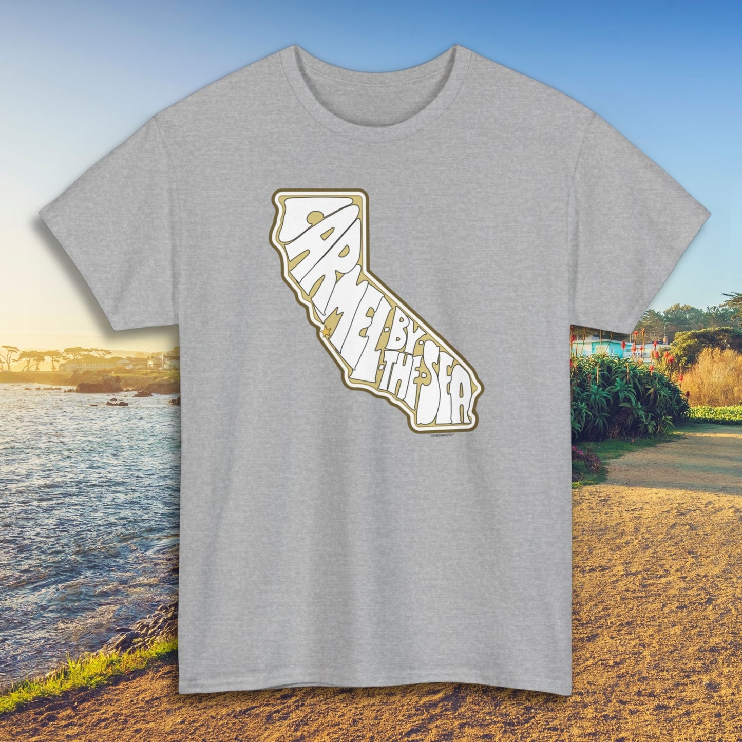 carmel california souvenir tshirt, sport grey color, beach background