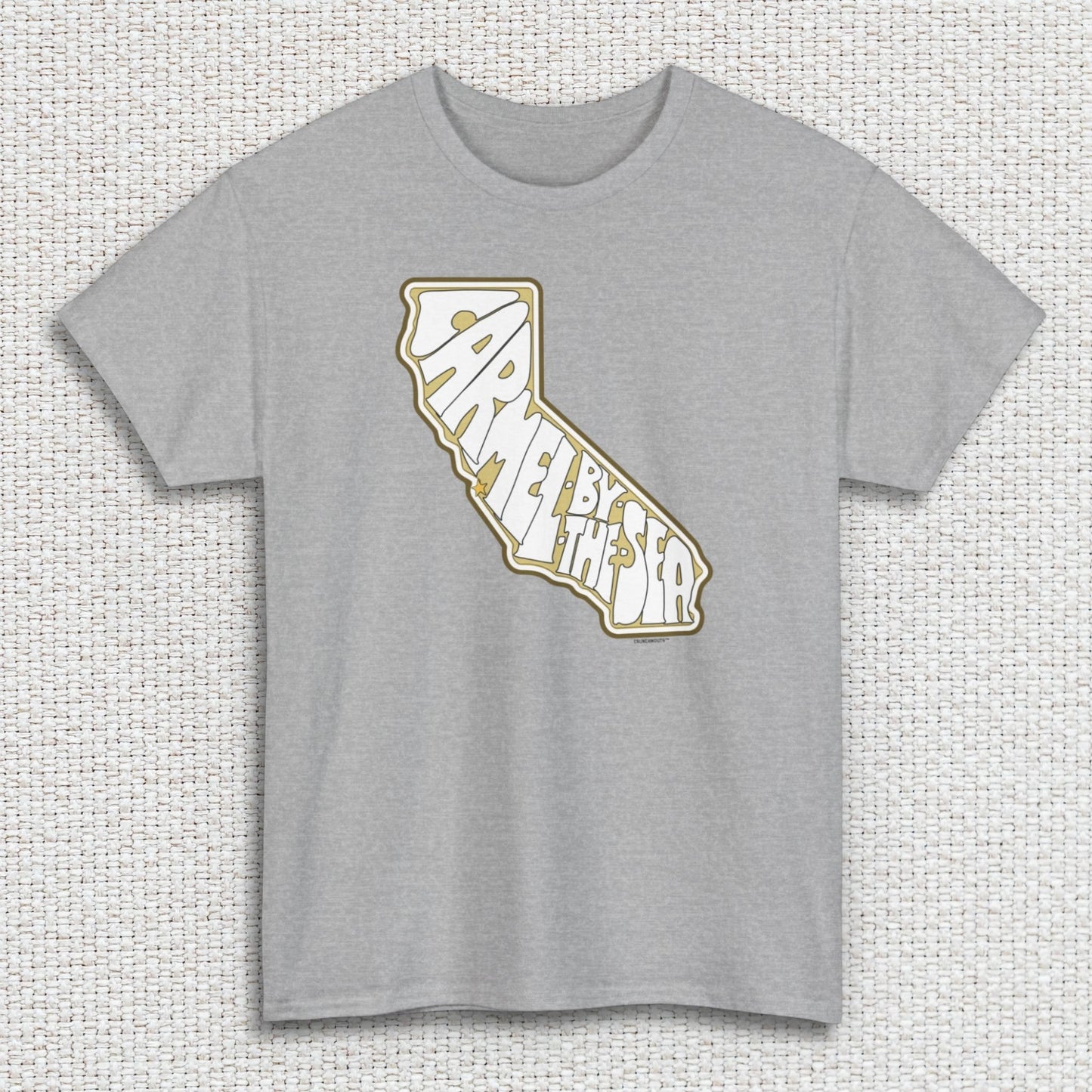 carmel california souvenir tshirt, sport grey color, textured fabric background