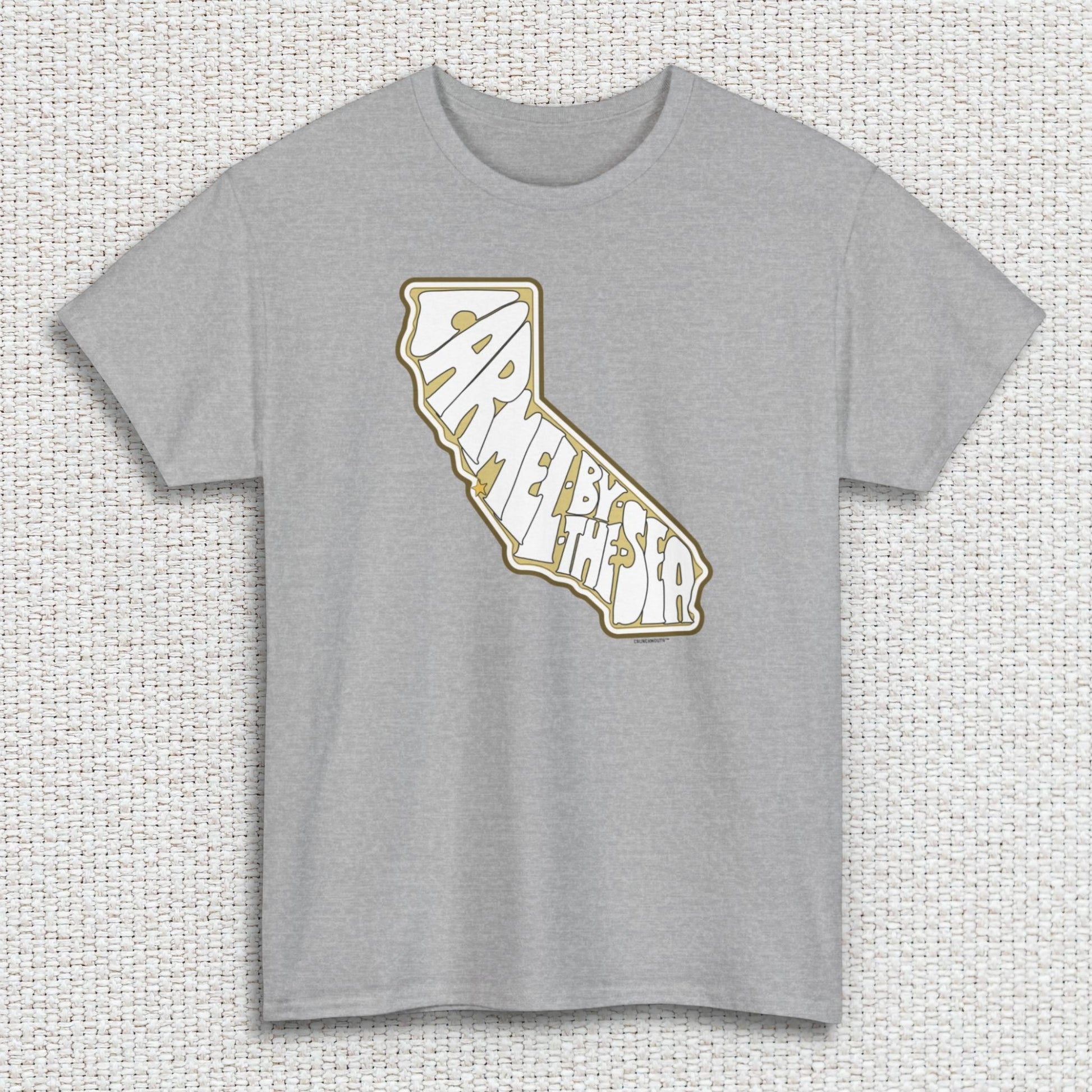 carmel california souvenir tshirt, sport grey color, textured fabric background