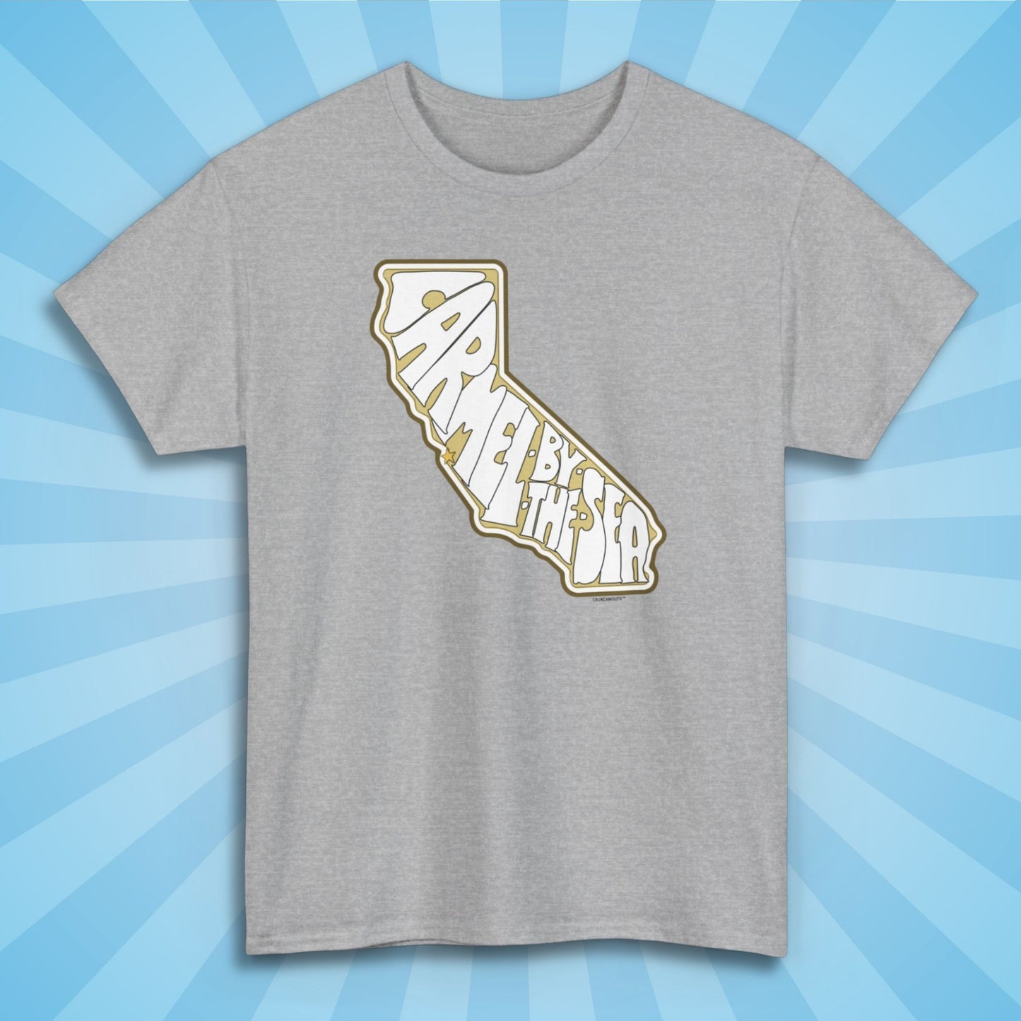 carmel california souvenir tshirt, sport grey color, sun rays design background