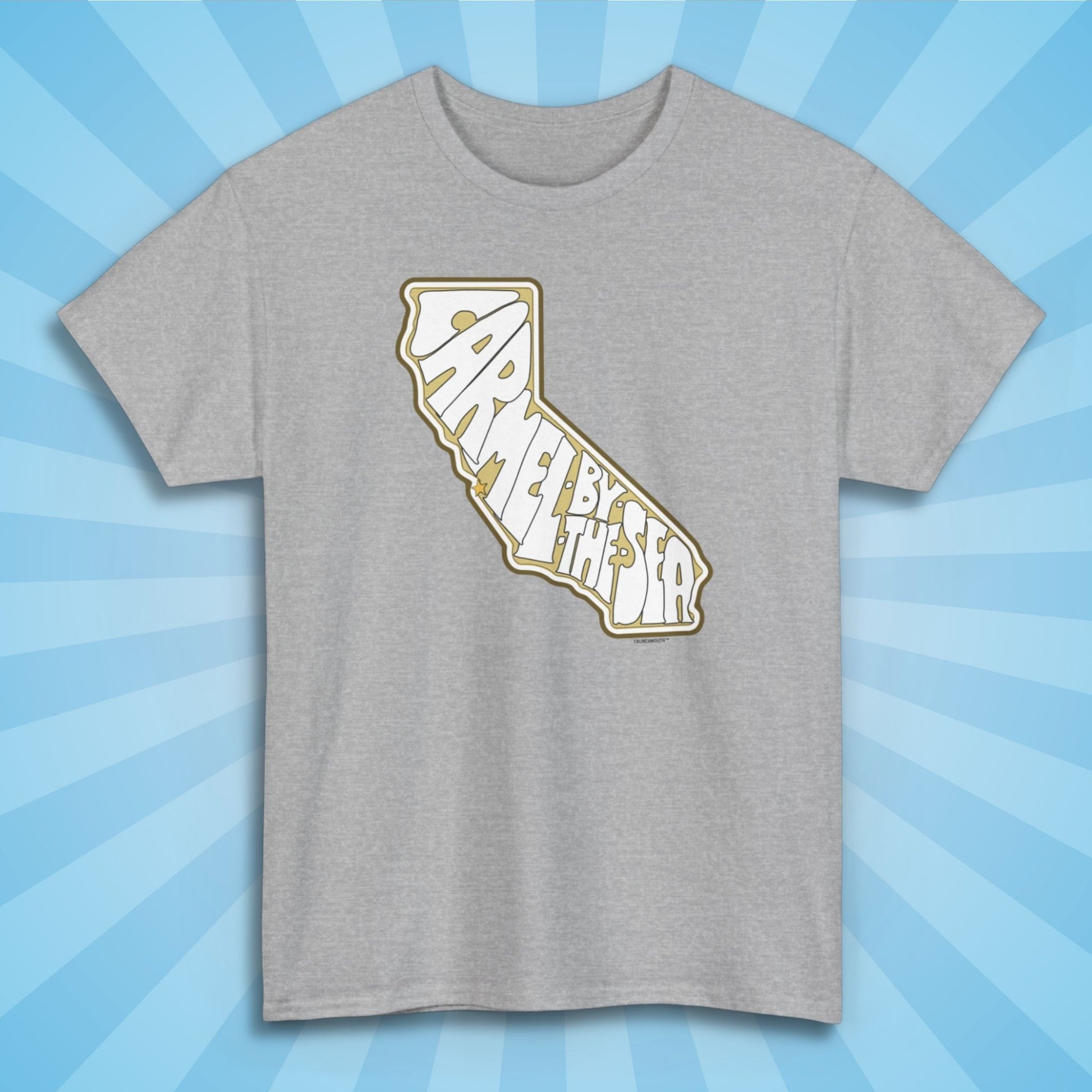 carmel california souvenir tshirt, sport grey color, sun rays design background