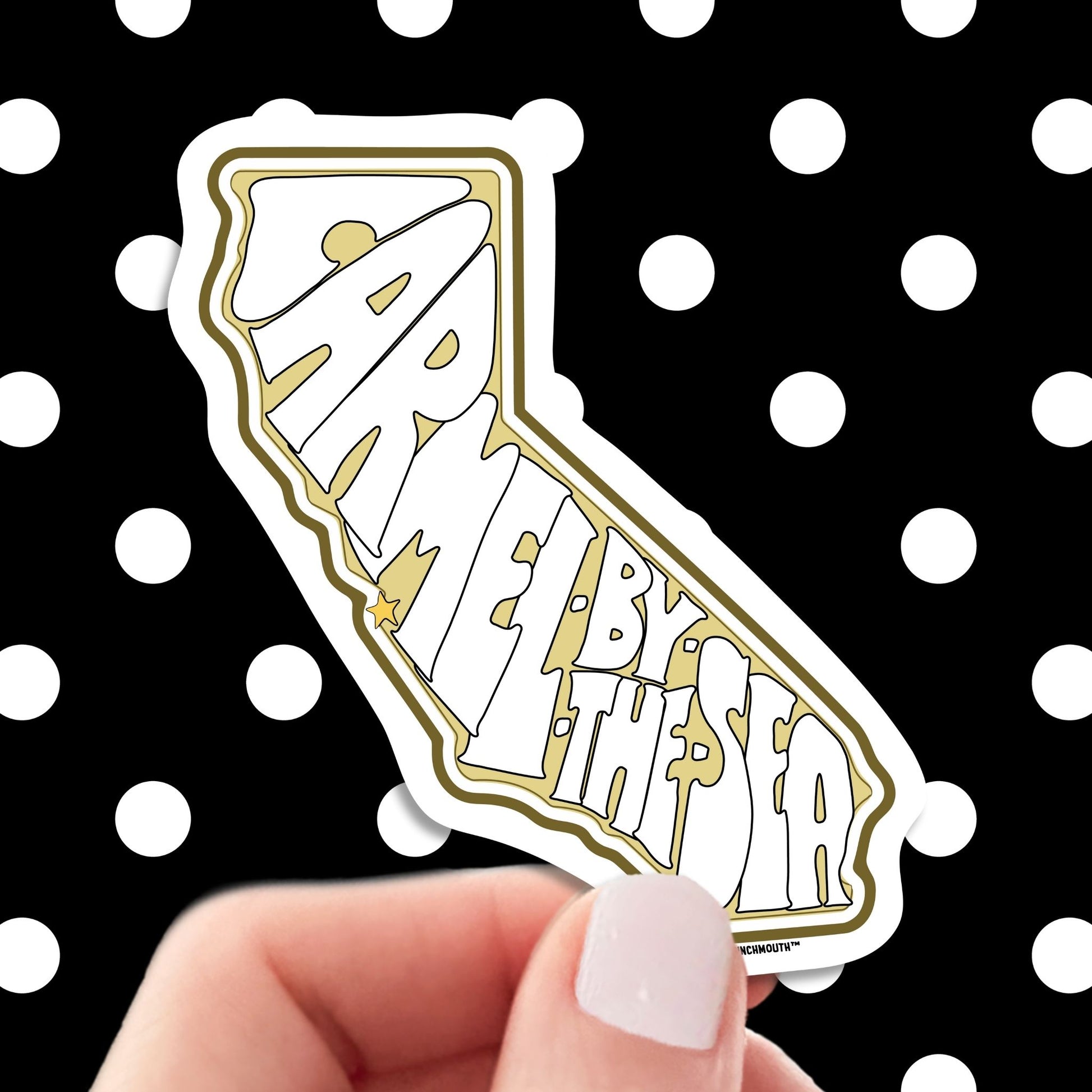 carmel by the sea travel luggage sticker, hand display, polka dots pattern design background