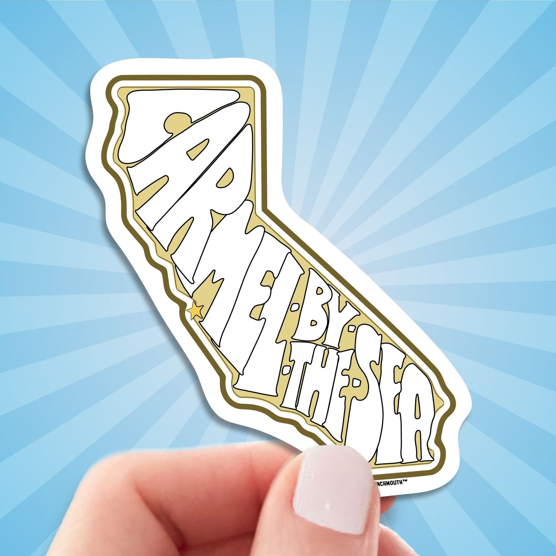 carmel by the sea travel luggage sticker, hand display, sun rays design background