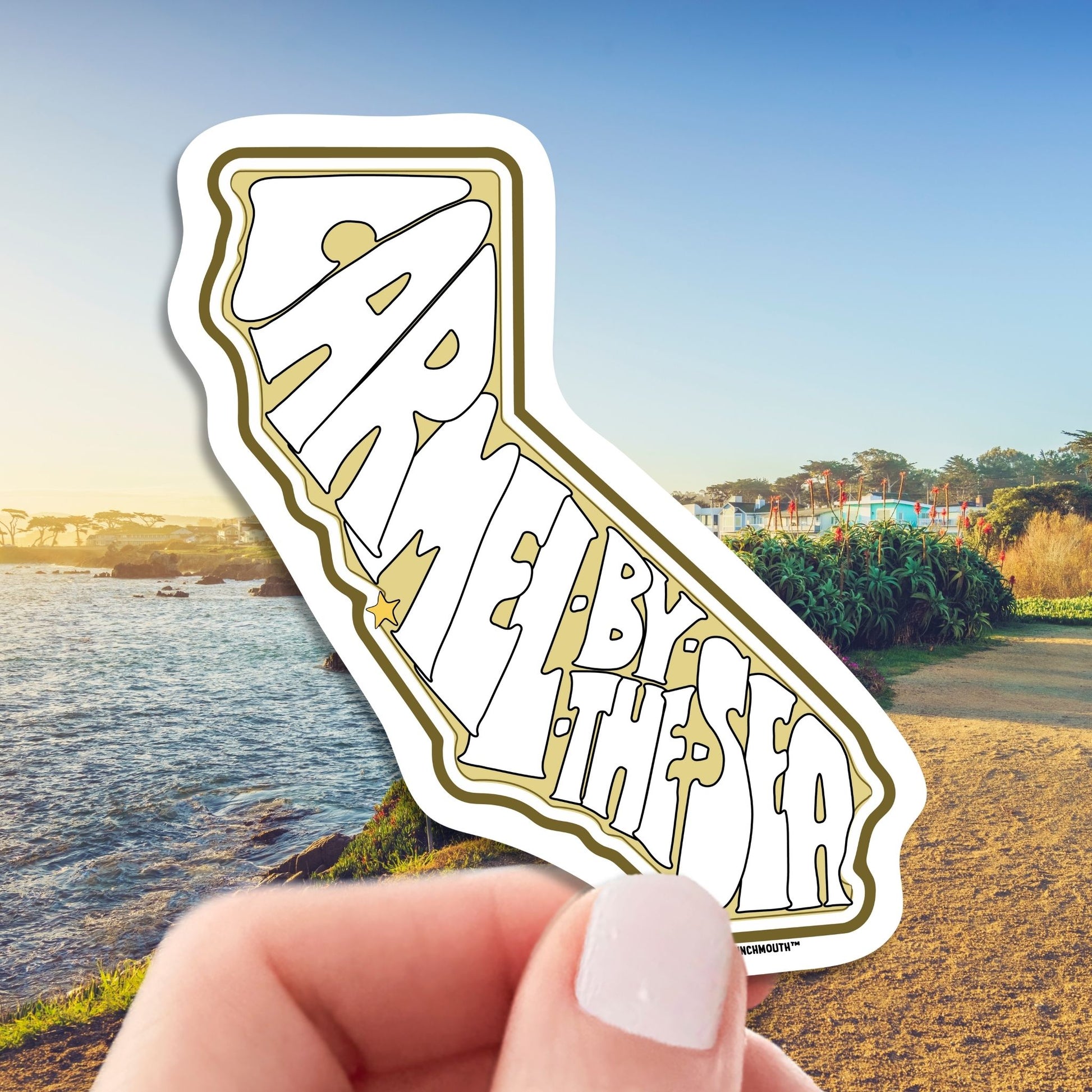 carmel by the sea travel luggage sticker, hand display, beach background