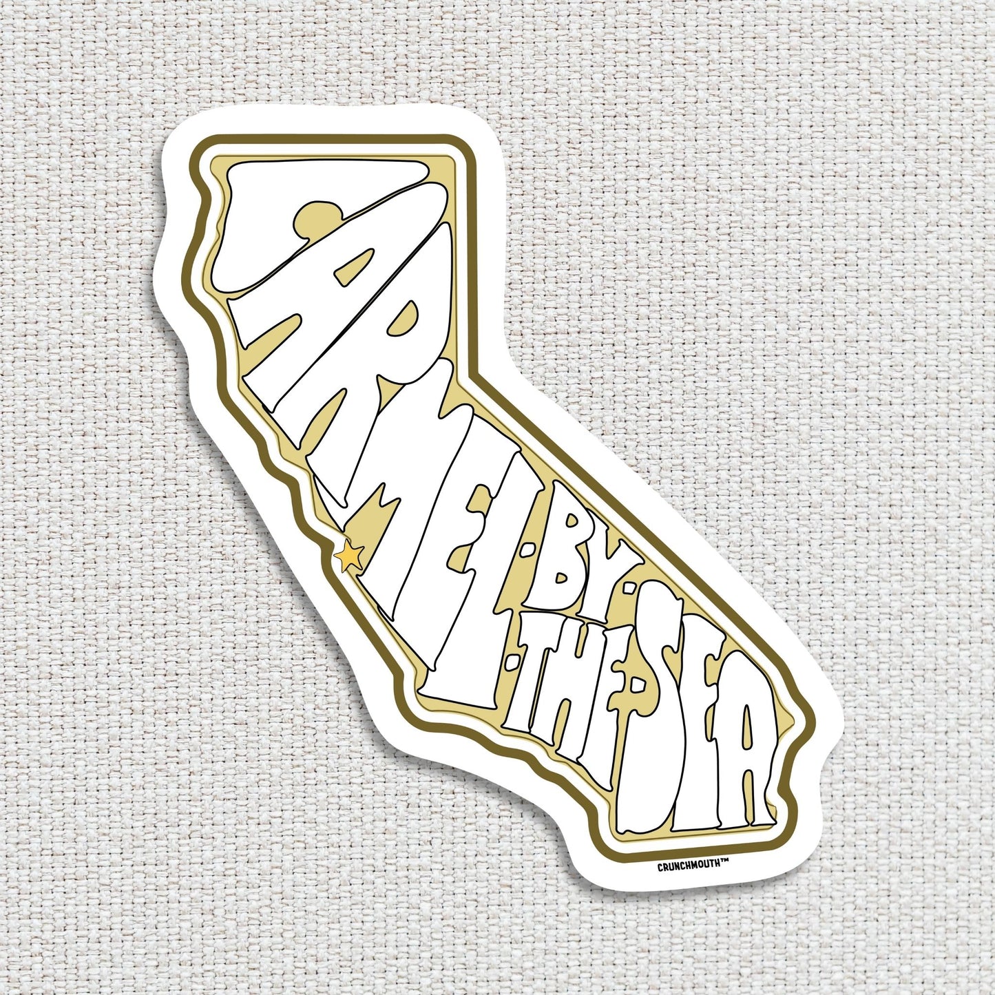 carmel by the sea travel luggage sticker, textured fabric background