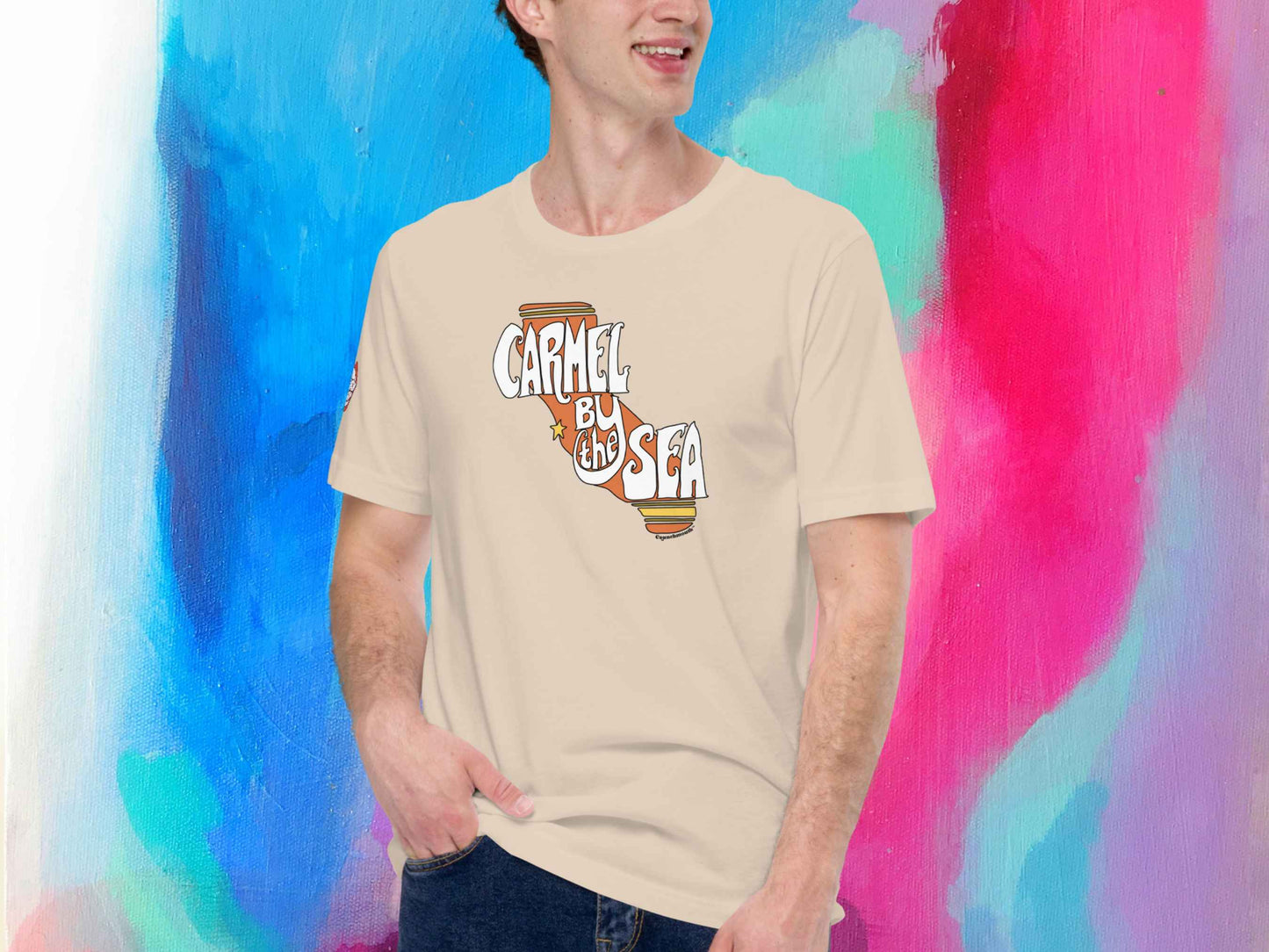 carmel by the sea shirt, souvenir t shirts, front, male model, tie dye background