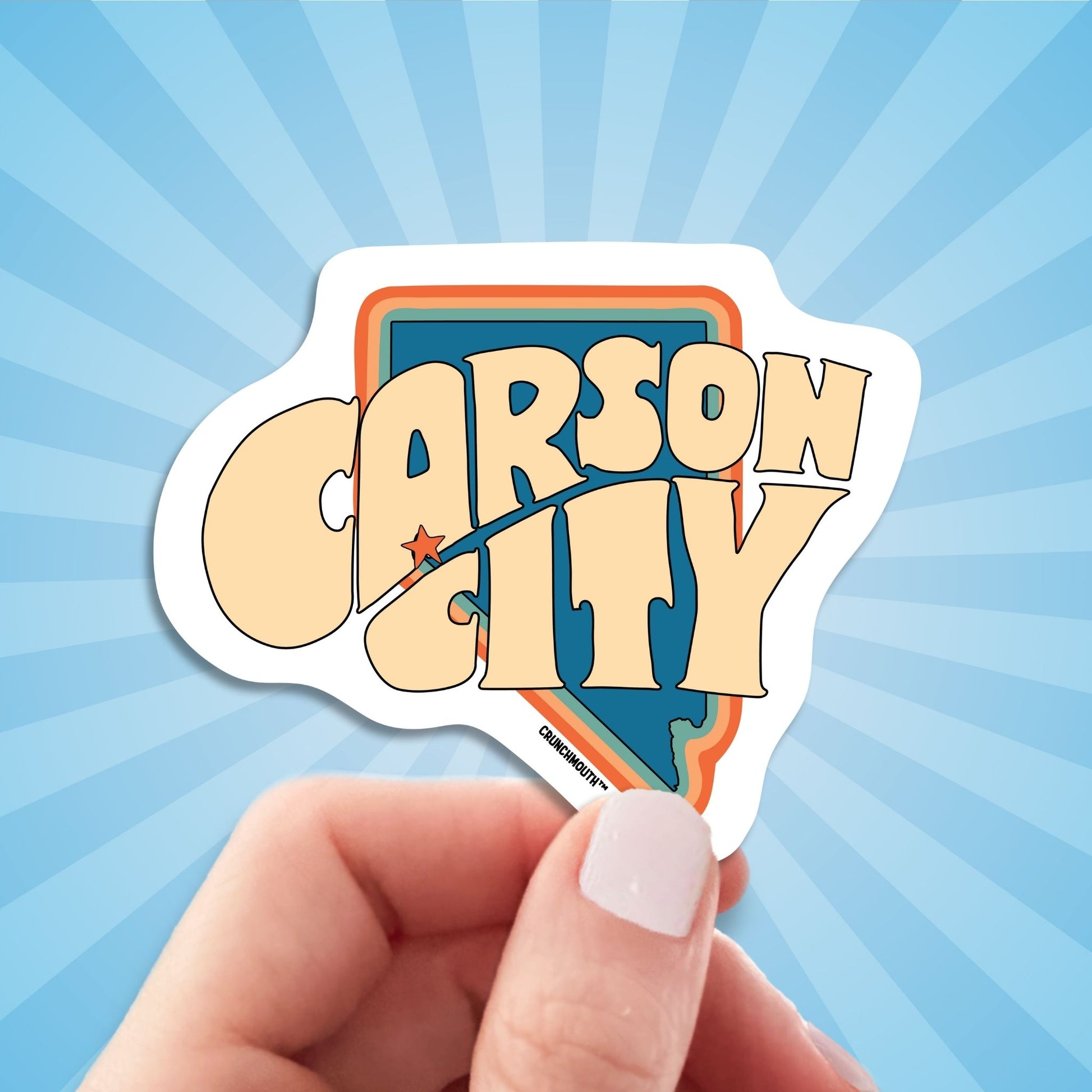 carson city Nevada travel luggage sticker, hand display, sun rays design background

