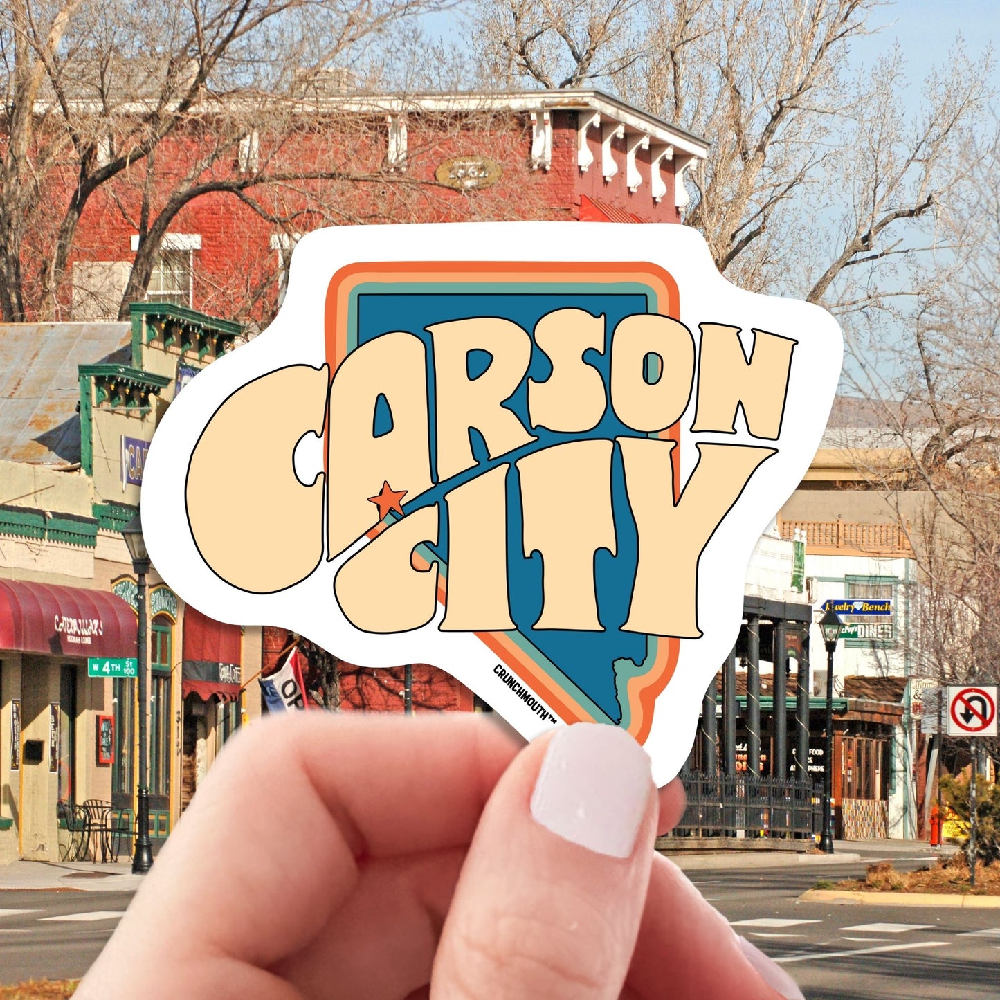 carson city Nevada travel luggage sticker, hand display, carson street background
