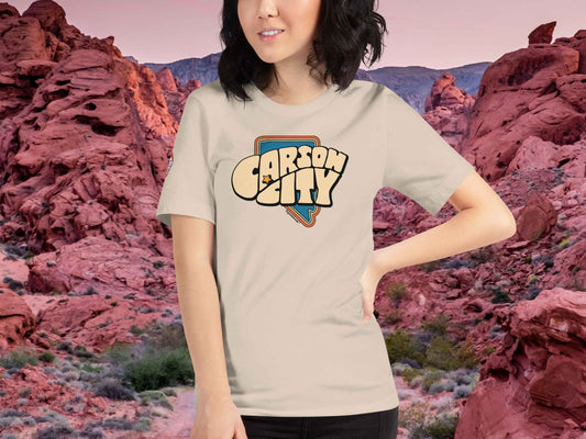 carson city shirt, retro t shirts, front, female model, red rocks background