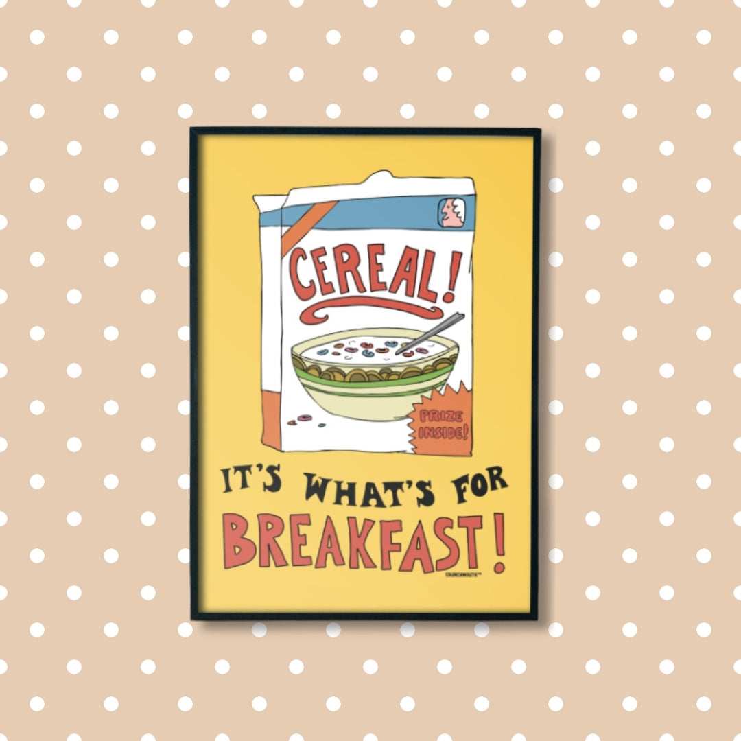 cereal it's what's for breakfast frameable wall art, polka dot background
