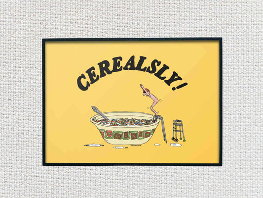 cerealsly retro wall art decor, elderly man diving into a bowl of fruity pebbles, flat, white textured background