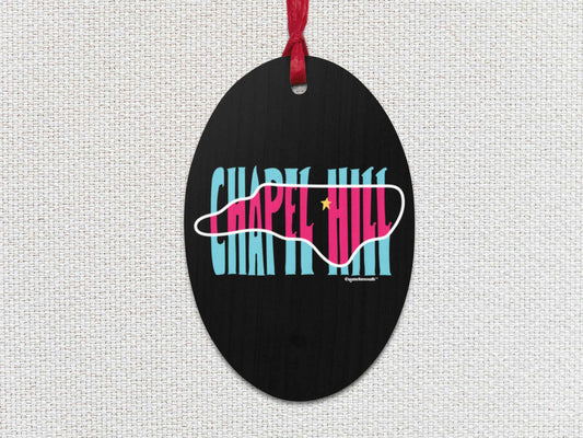 chapel hill Christmas ornament, front, white textured background