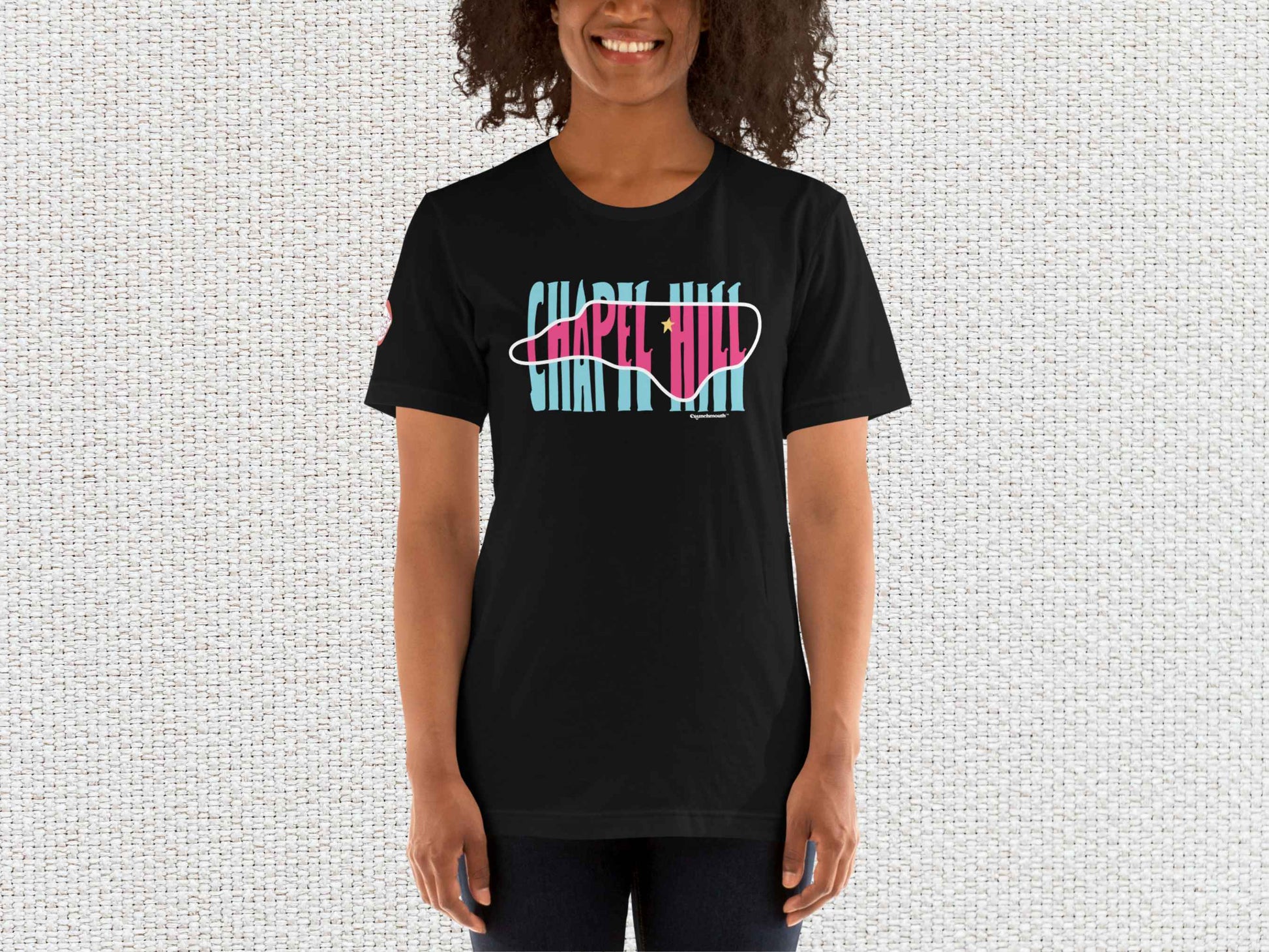 chapel hill north carolina souvenir t shirt, front, female model, white textured background