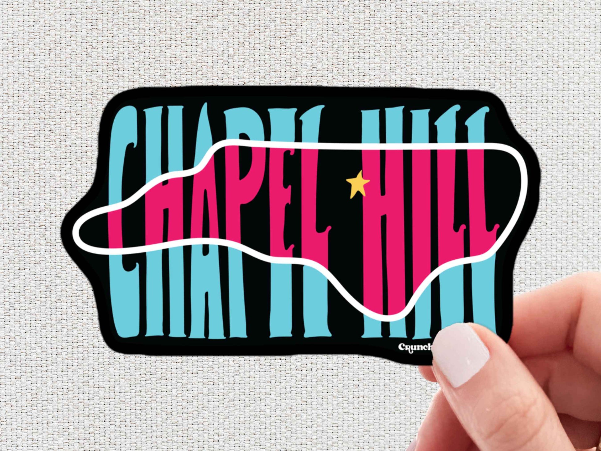 chapel hill sticker, travel luggage stickers, hand display, white textured background