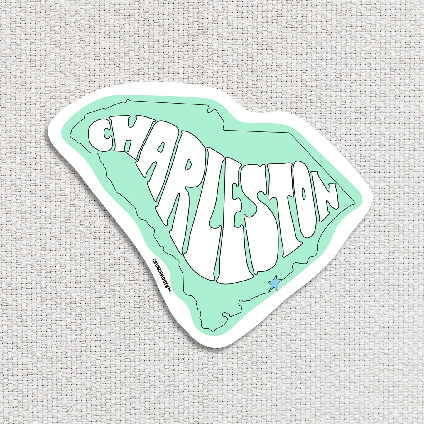 charleston travel luggage sticker, textured fabric background
