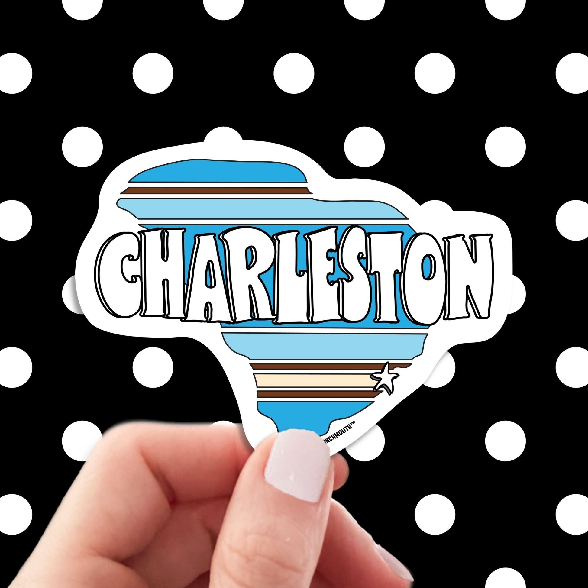 charleston travel luggage sticker, hand display, polka dots pattern design background
