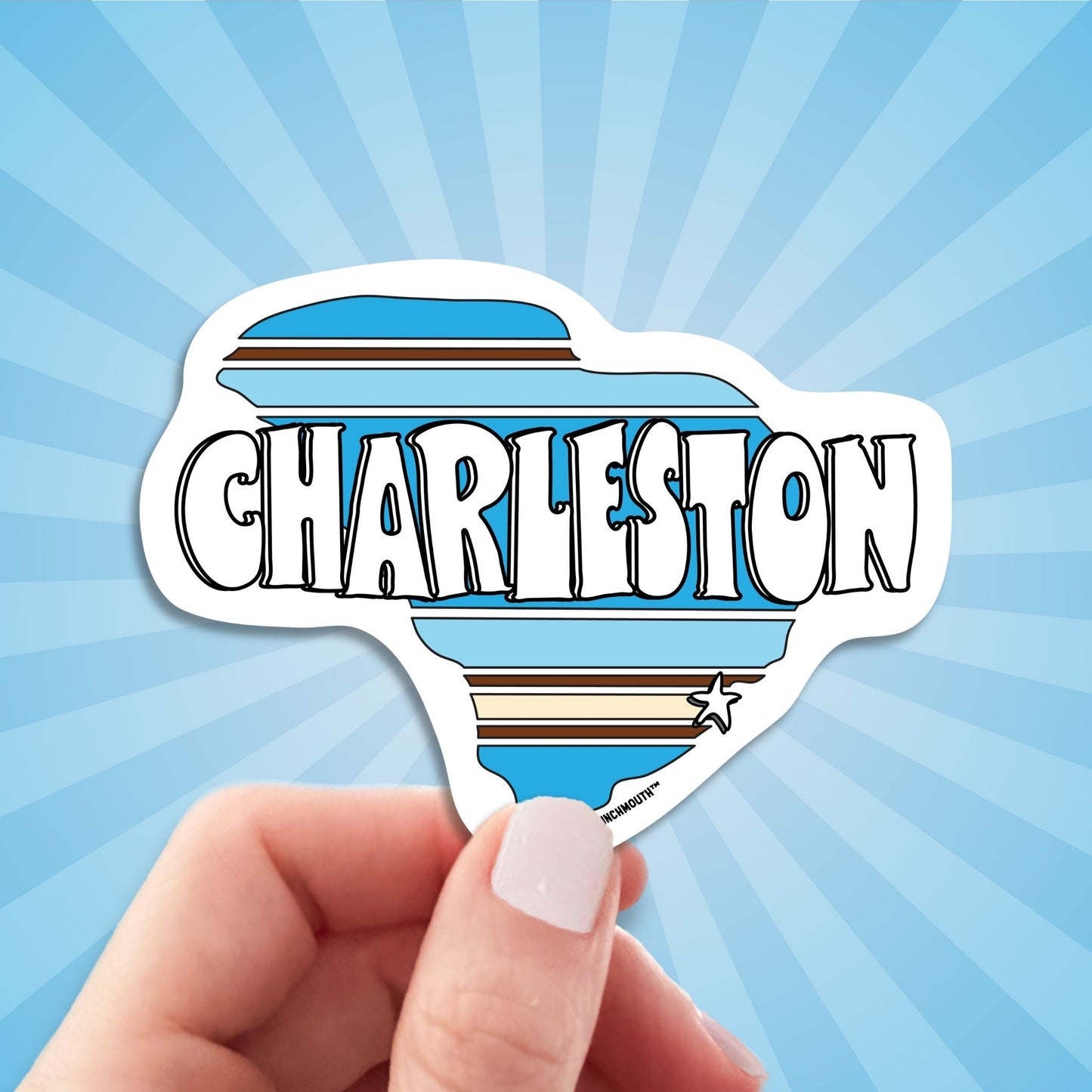 charleston travel luggage sticker, hand display, sun rays design background

