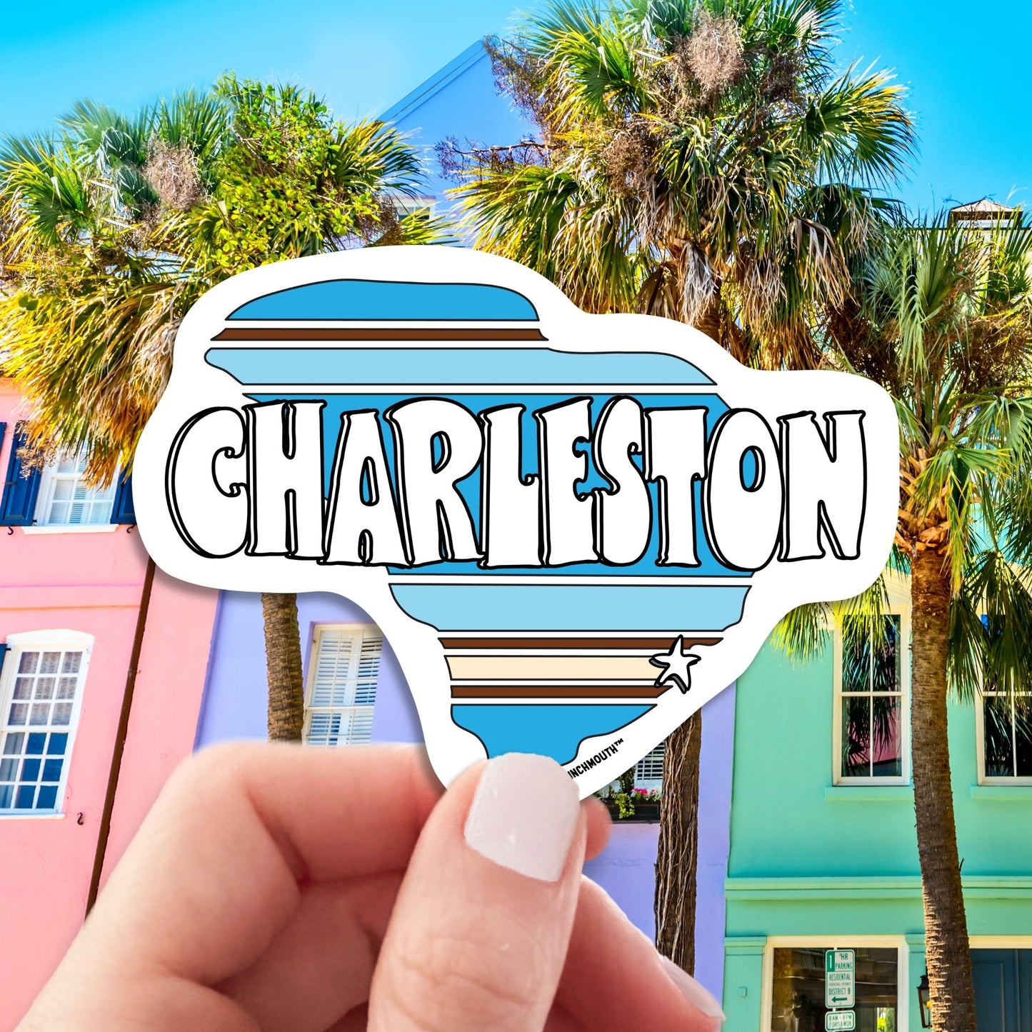 charleston travel luggage sticker, hand display, colorful rainbow row houses background
