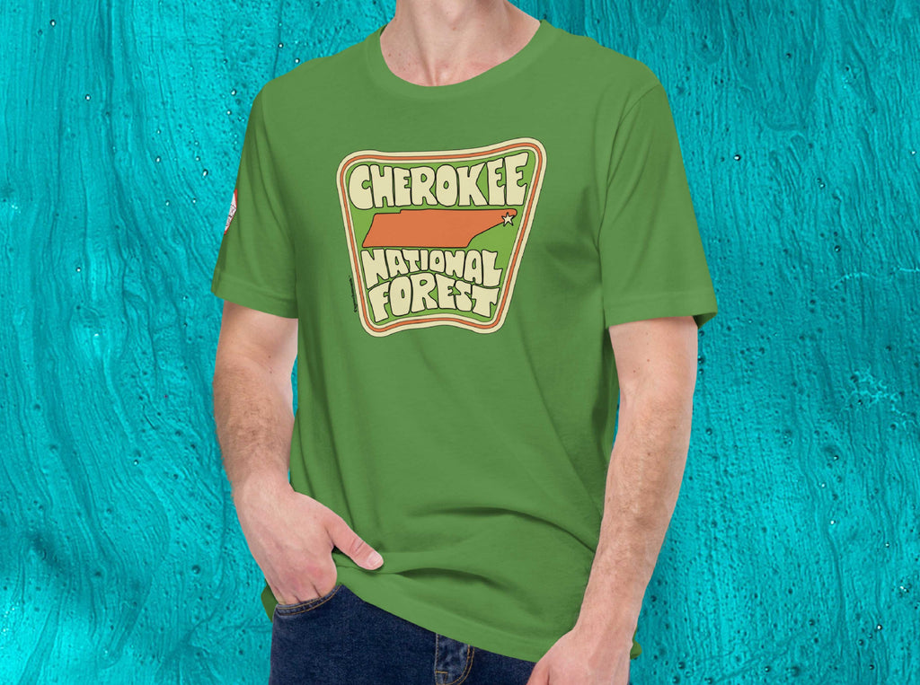 cherokee national forest tennessee t-shirt, front, male, aqua blue background