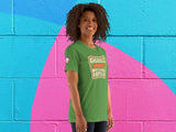 cherokee national forest tshirt, front right, female, colorful cinder block wall background