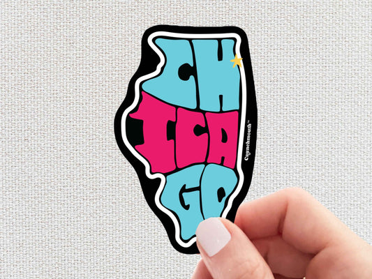 chicago sticker, hand display, white textured background