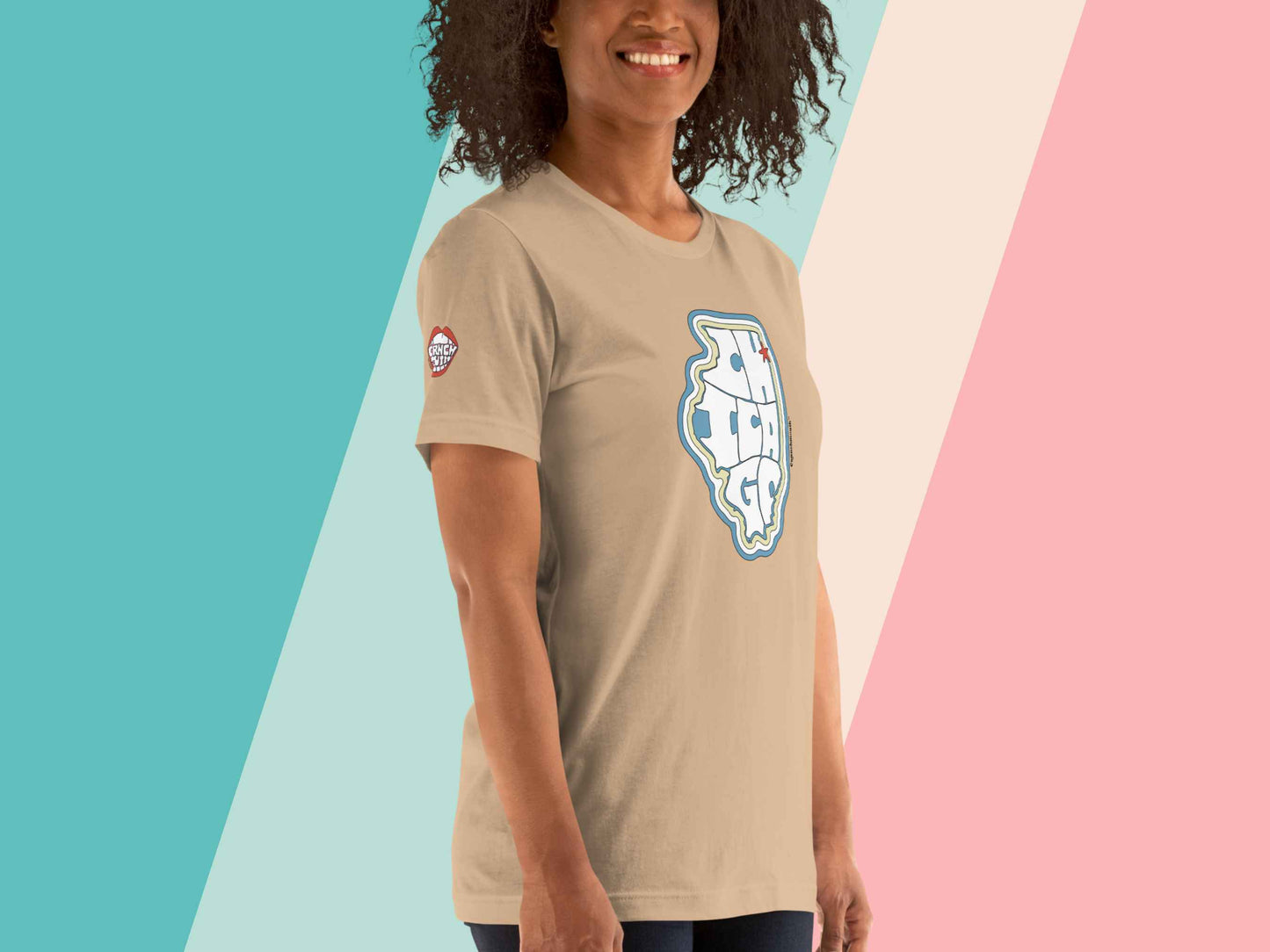 chicago tshirt, retro t shirts, female model, front right, pastel stripe background