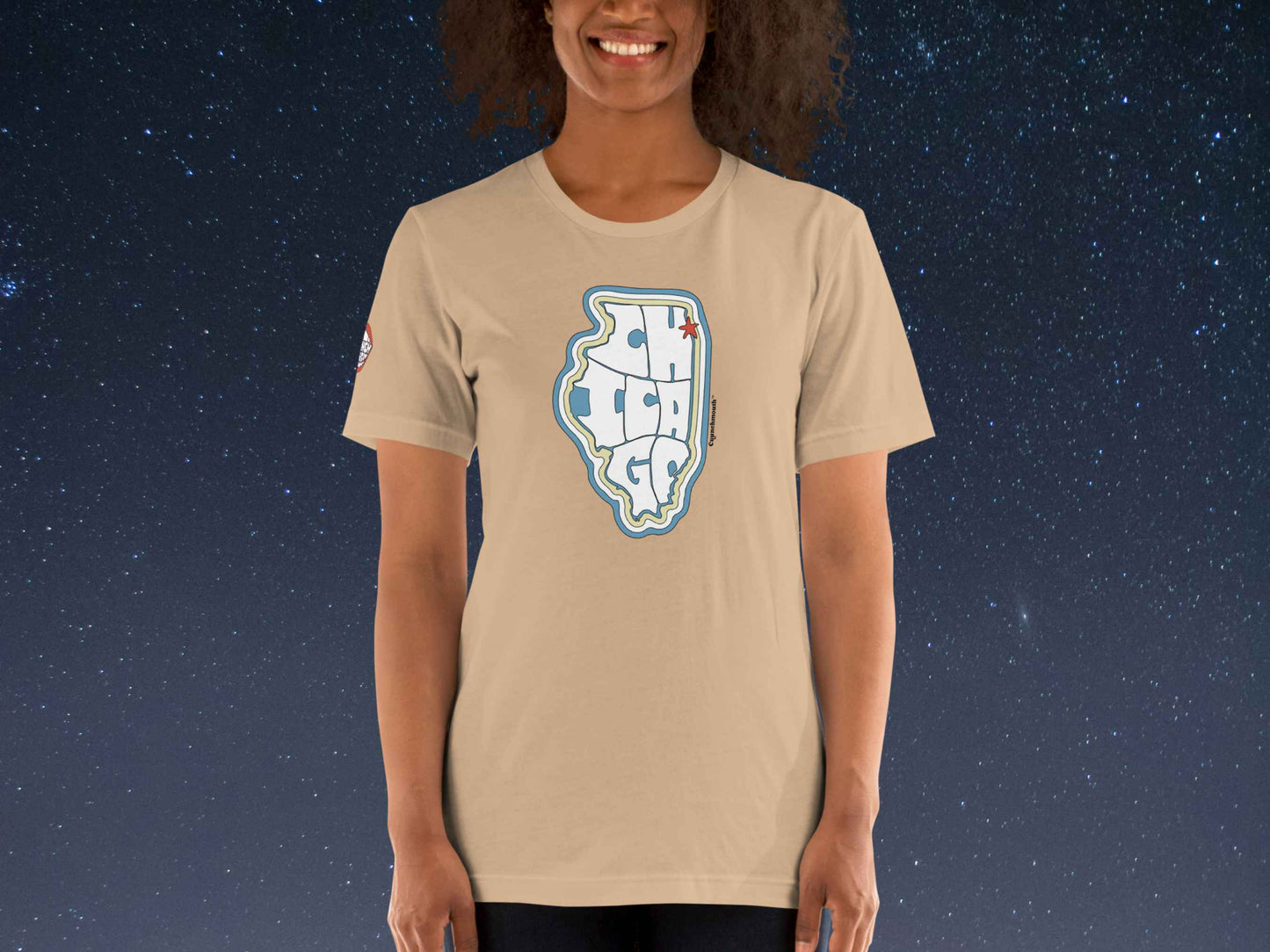 chicago tshirt, retro t shirts, female model, front, starry night sky background