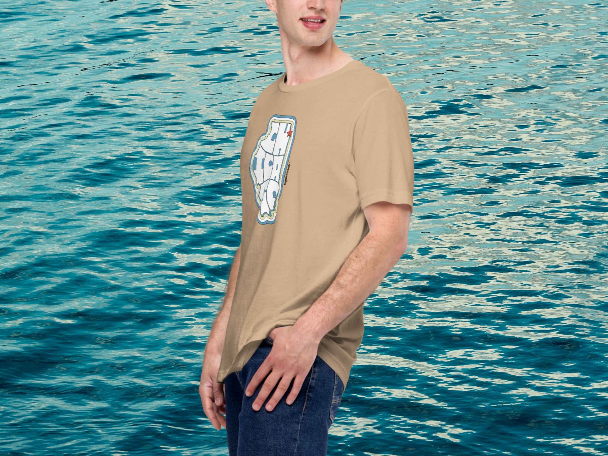 chicago tshirt, retro t shirts, male model, front left, blue ocean water background