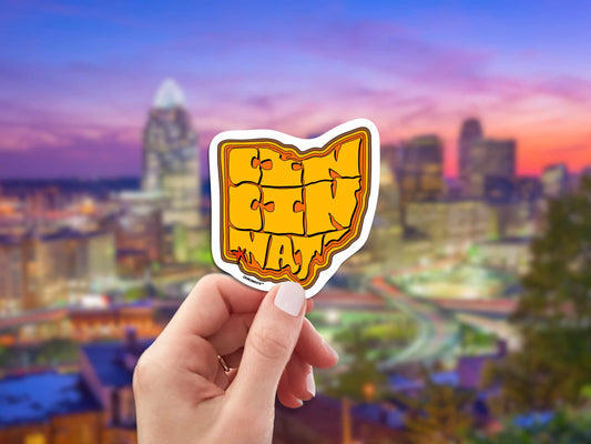 cincinnati ohio travel luggage sticker, hand display, cincinnati skyline background