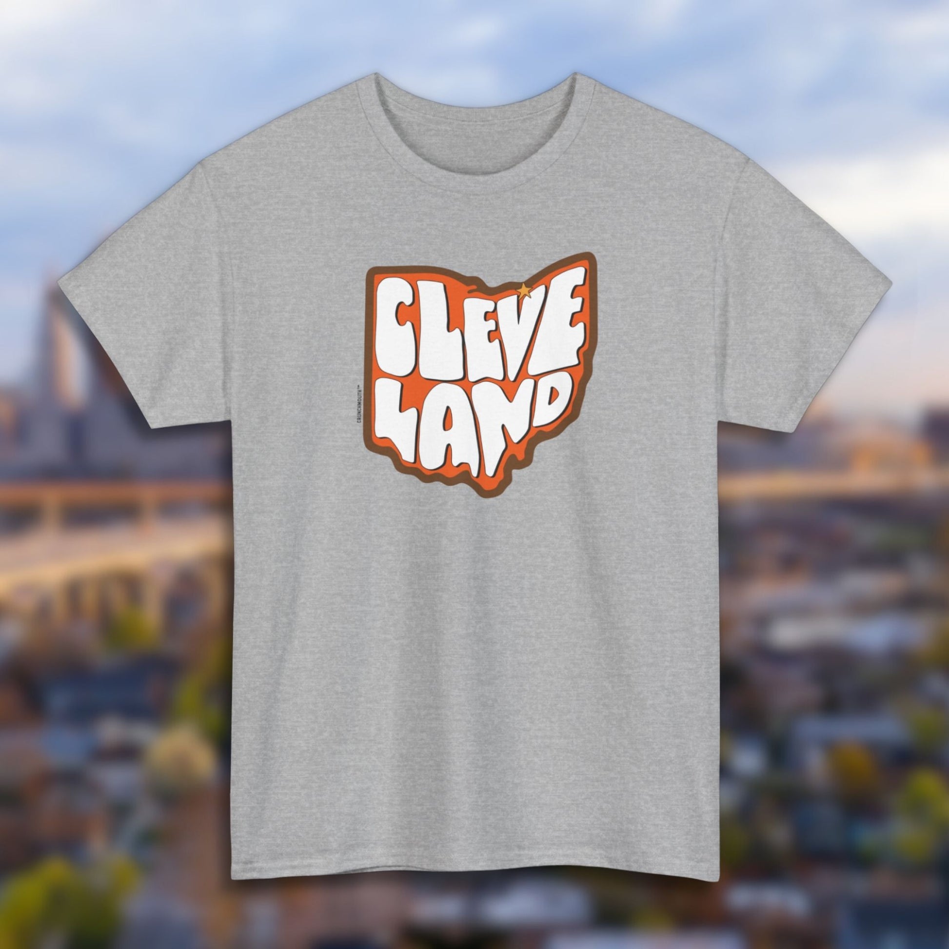 cleveland ohio shirt, sport grey color, cityscape background