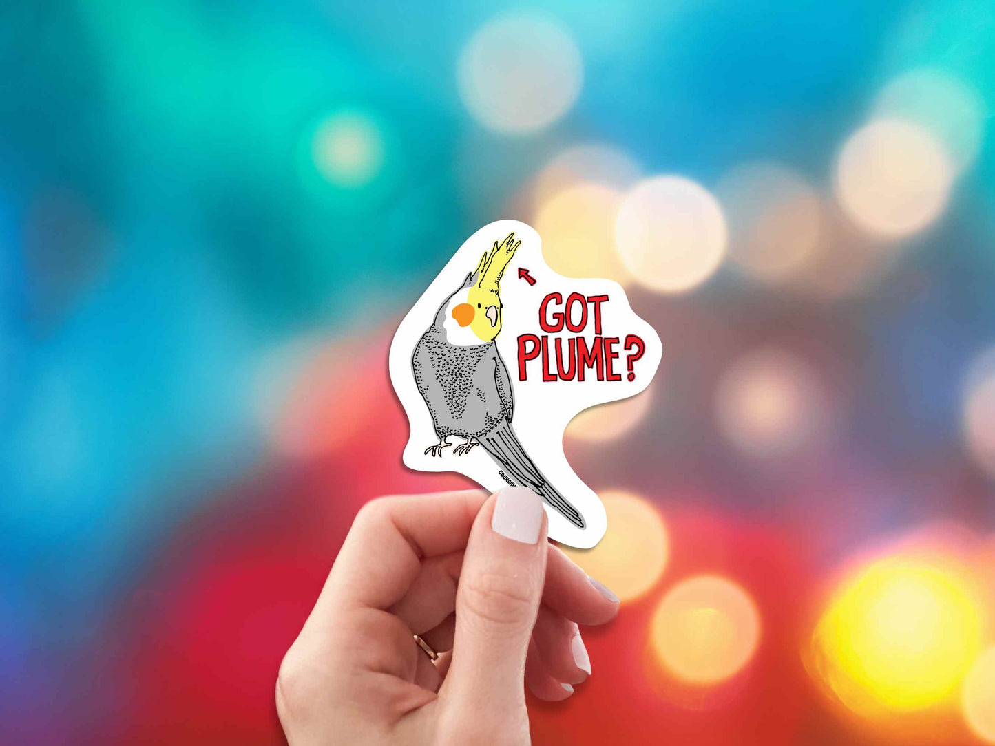 cockatiel got plume funny sticker, hand display, colorful lights background