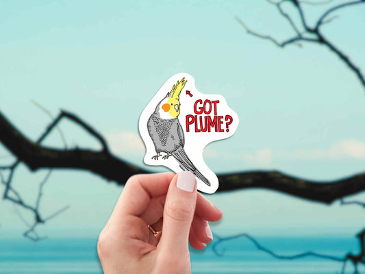 cockatiel got plume funny sticker, hand display, tree branch background