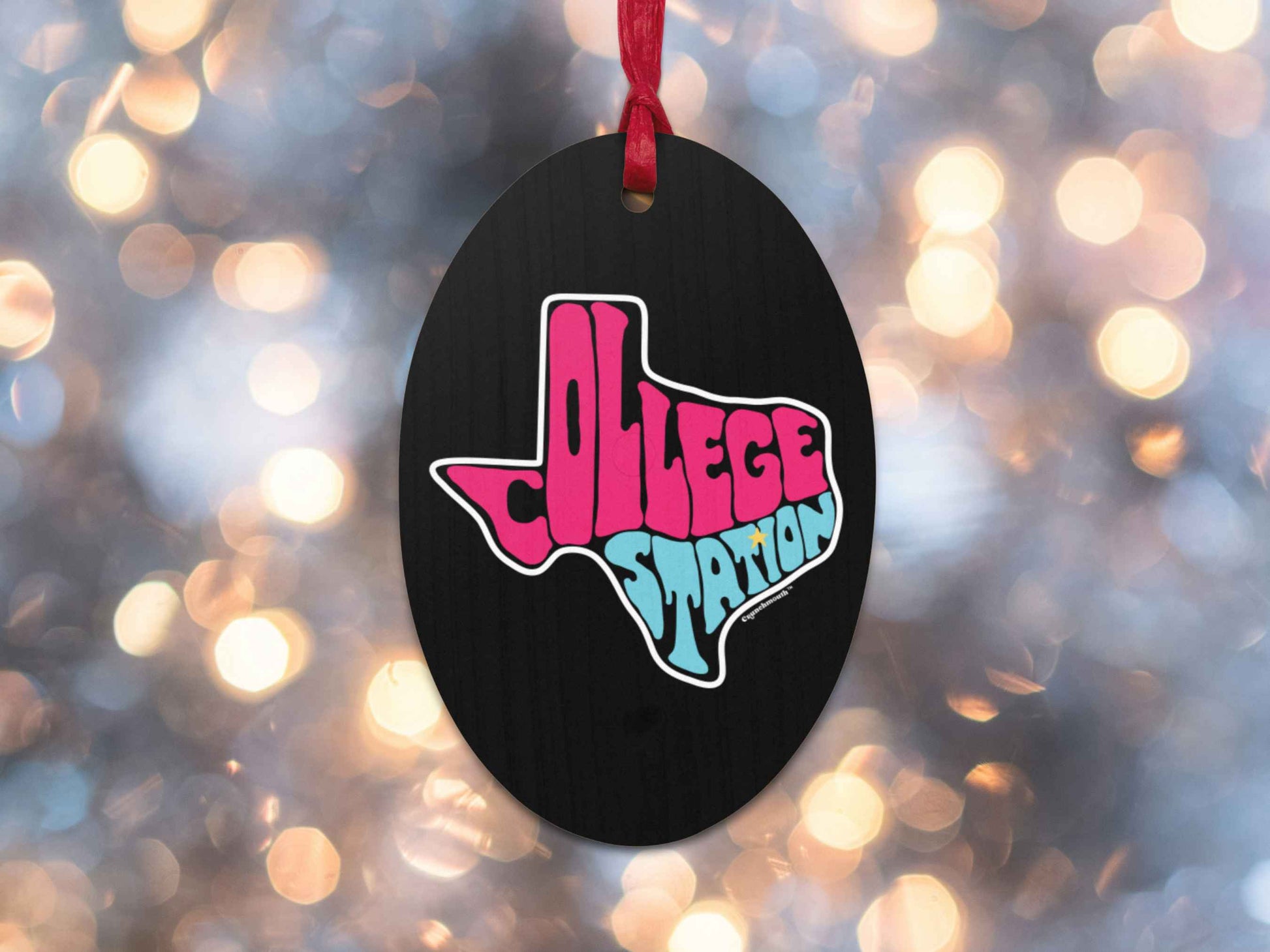 college station Christmas ornament, back, Christmas lights background