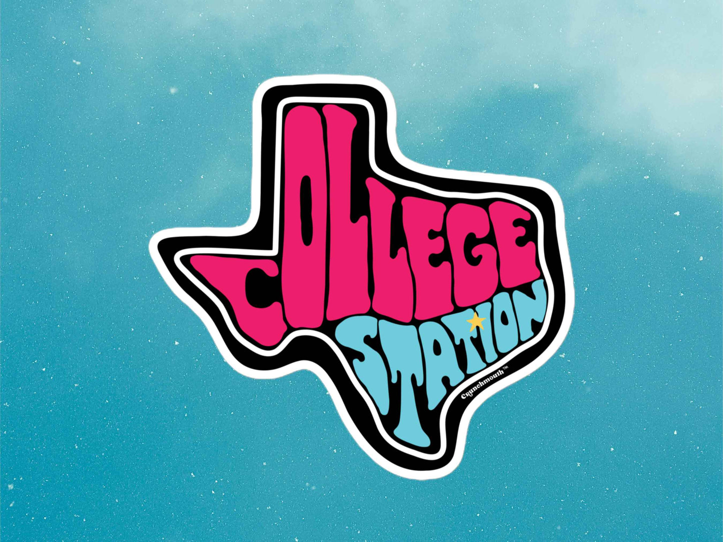 college station sticker, blue sky background