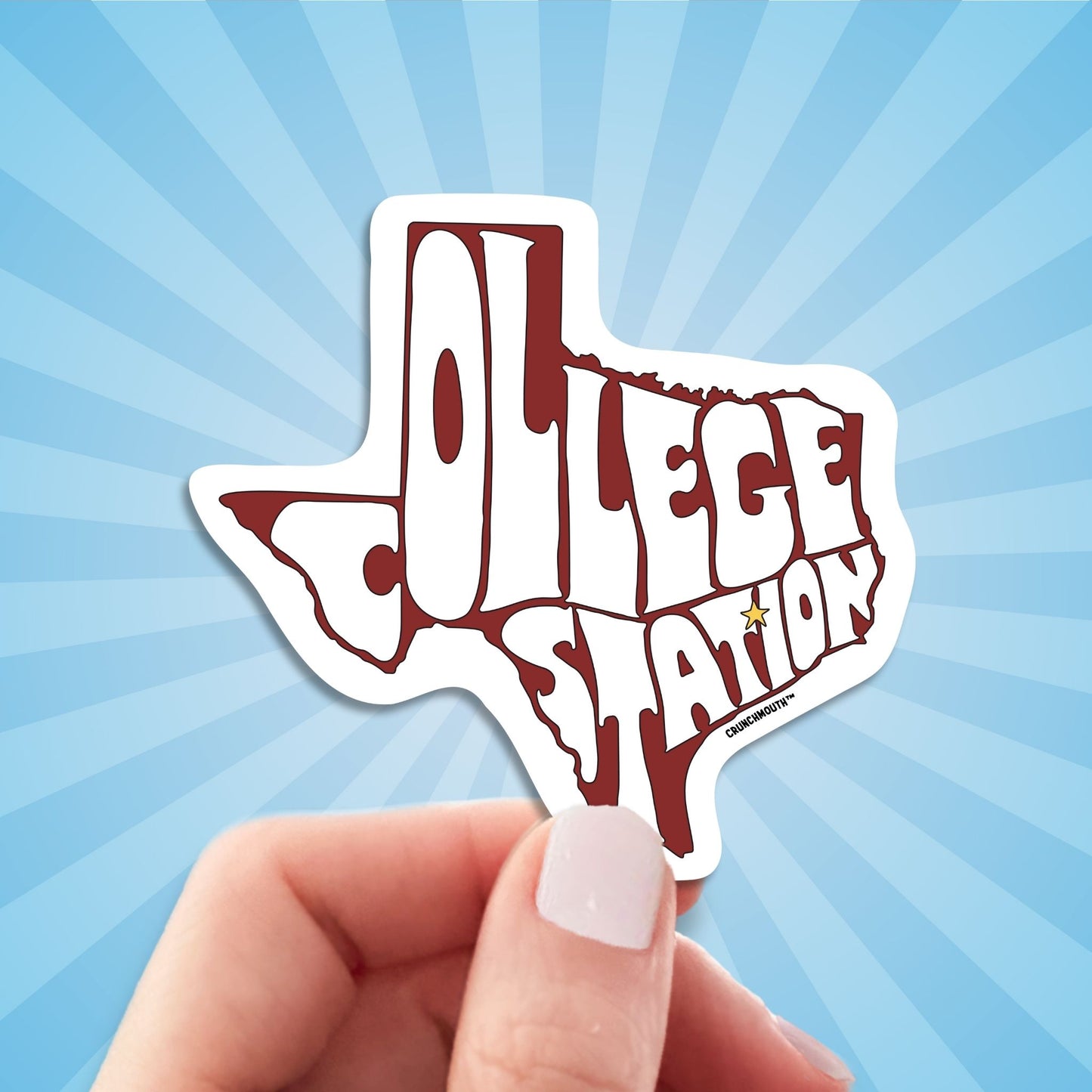 college station travel luggage sticker, hand display, sun rays design background