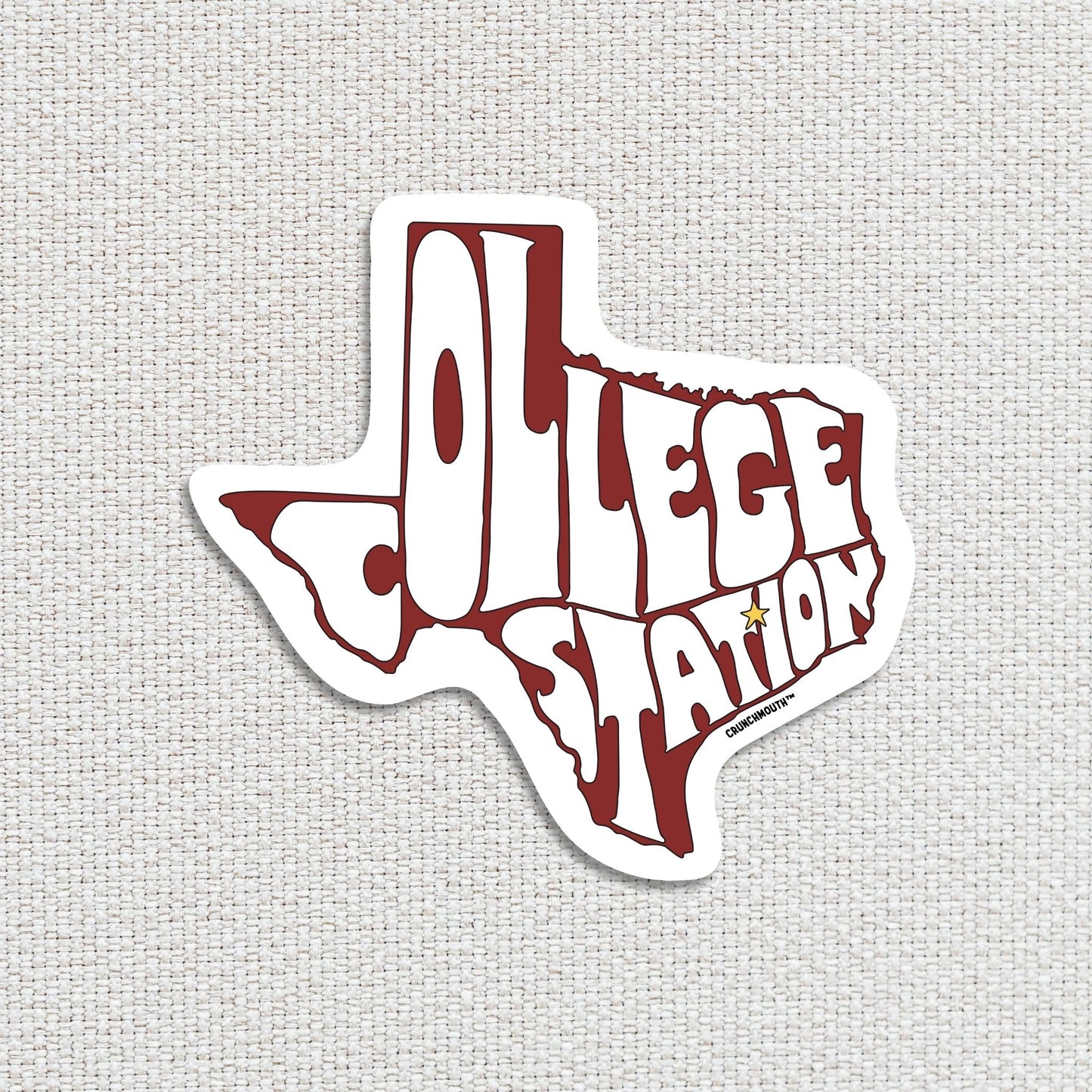 college station travel luggage sticker, hand display, white textured fabric background