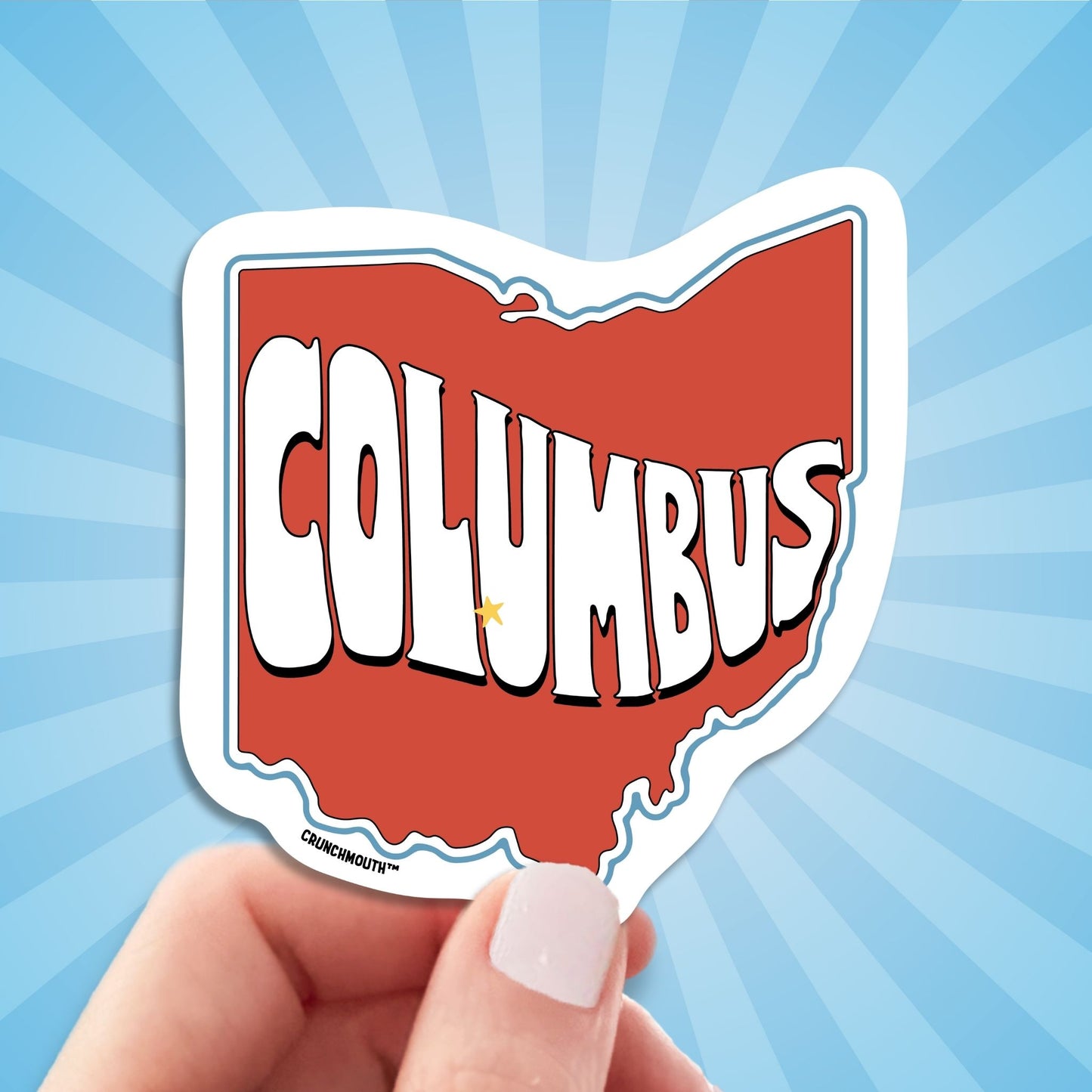 columbus ohio travel luggage sticker, hand display, sun rays design background
