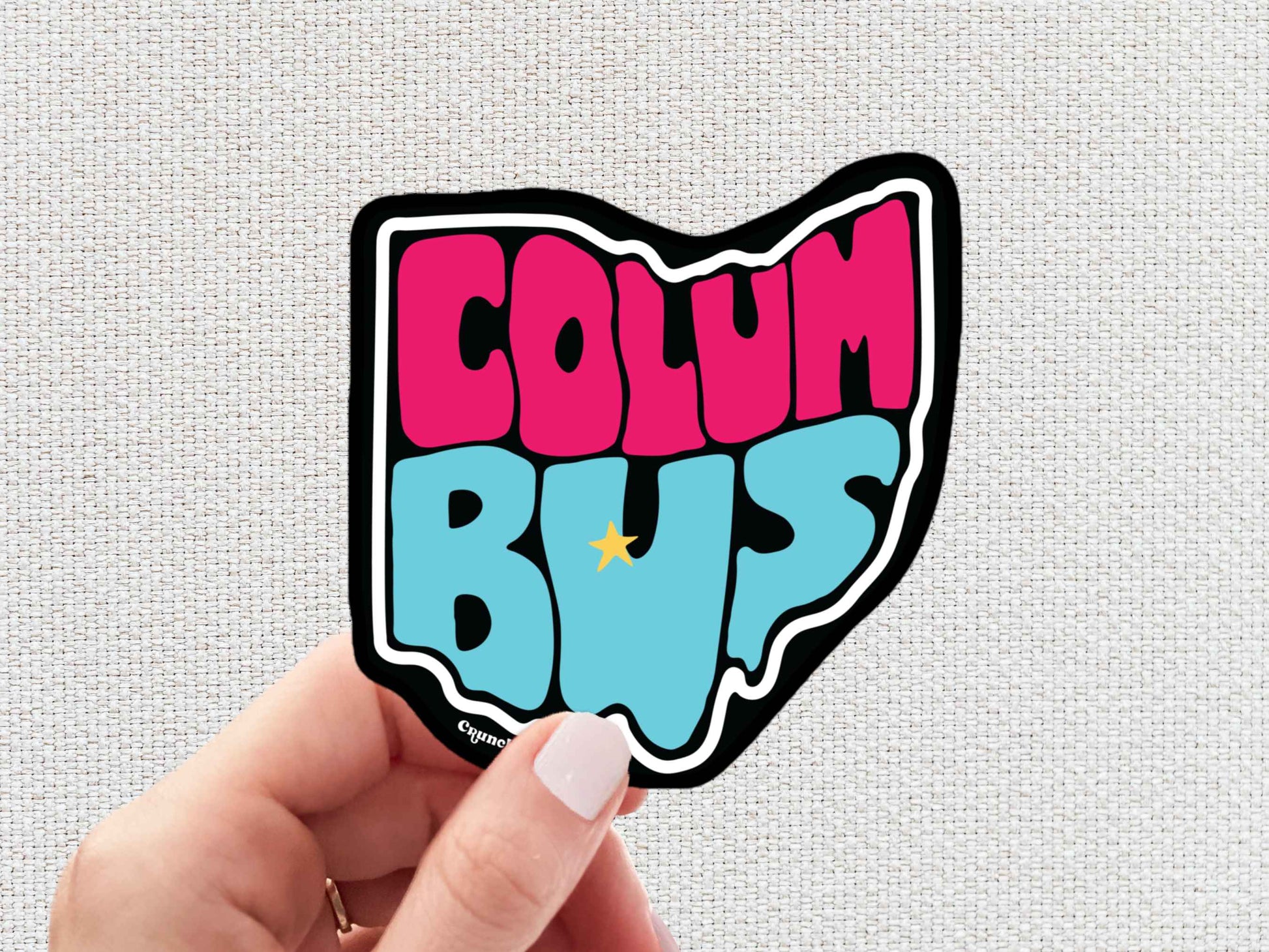 columbus sticker, travel luggage stickers, hand display, white textured background